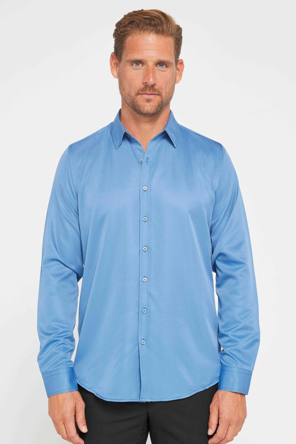 Mens Poly Turquoise Blue Slim Fit Long Sleeve Dress Shirt