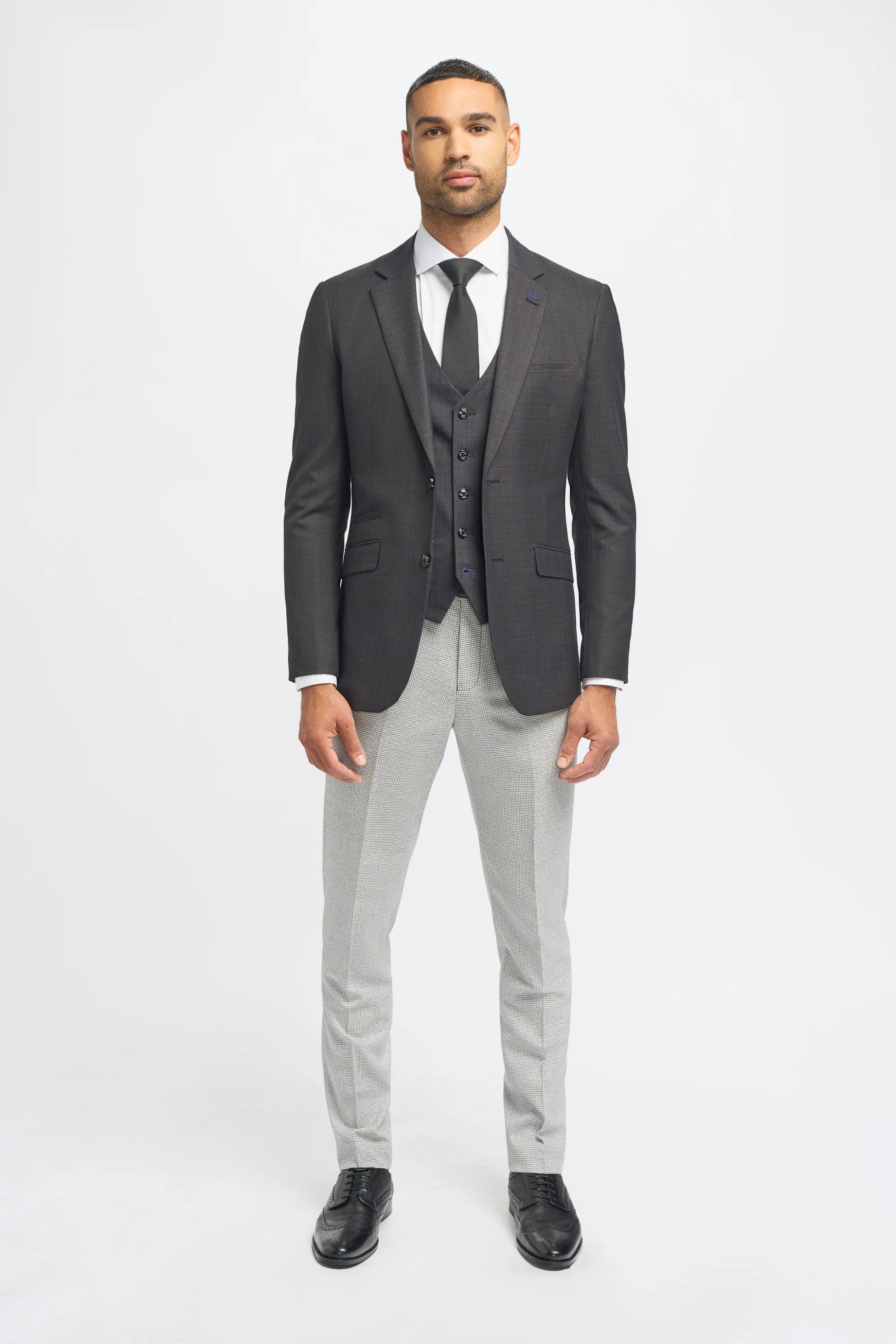 Dark Grey Men's Slim Fit Suit Jacket and Waistcoat with Light Grey Houndstooth Trousers