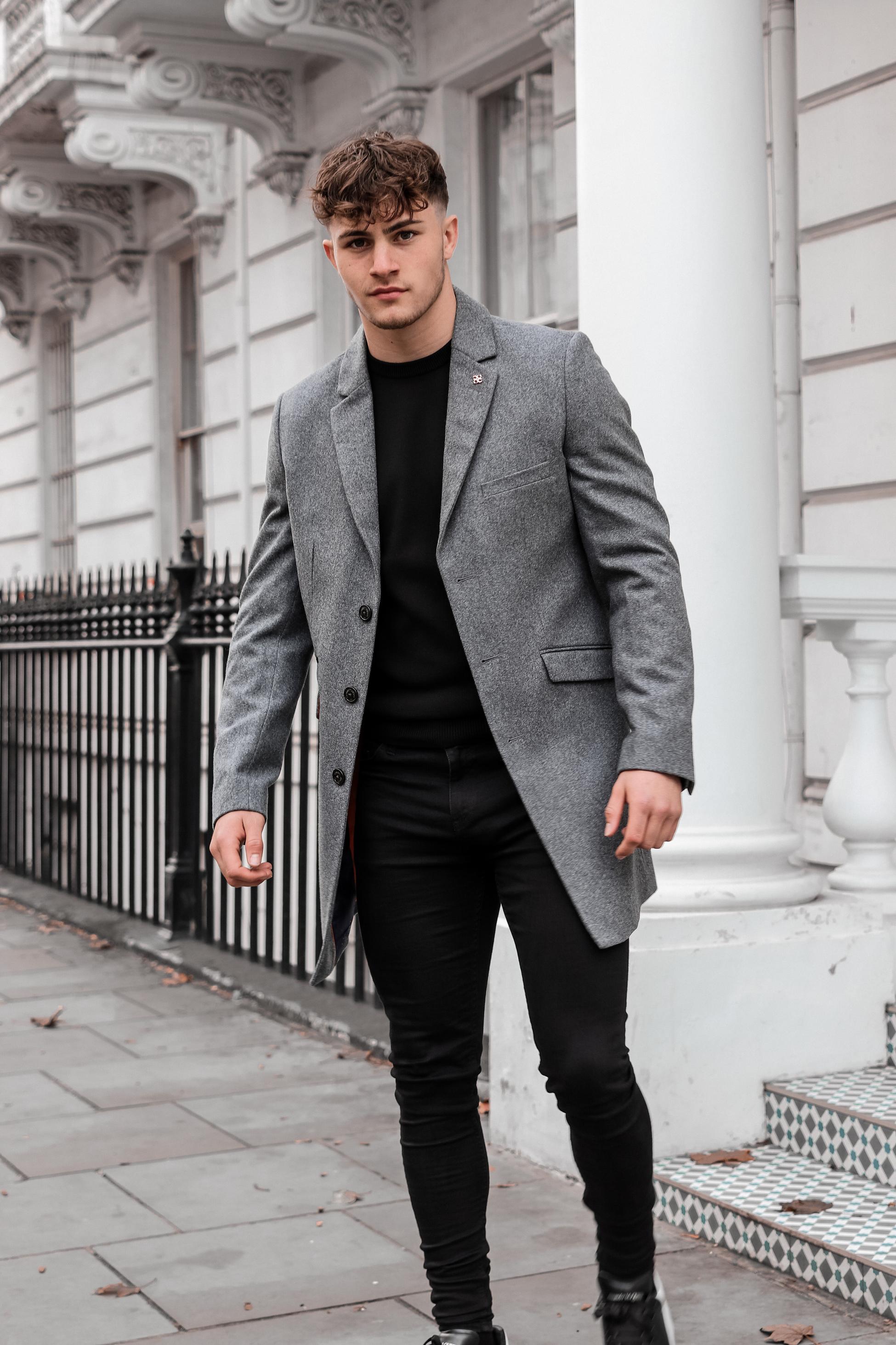 Men's grey wool midi coat, ROMAN.