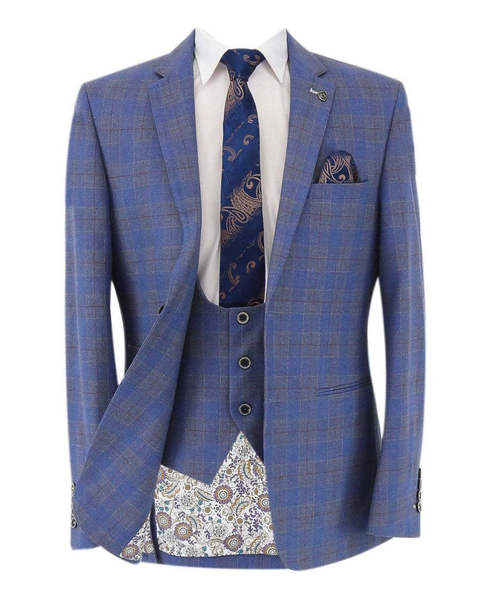 Men's Connor Sky Blue Windowpane Check Slim Fit Suit