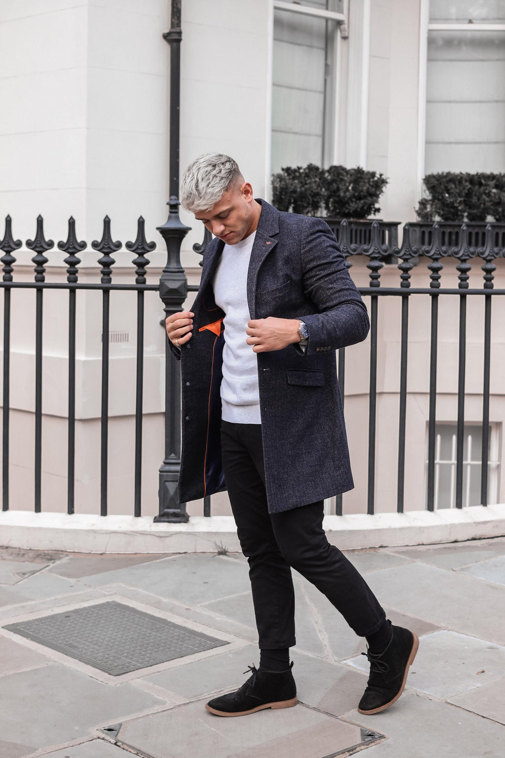 Men's azure blue wool midi coat, ROMAN.