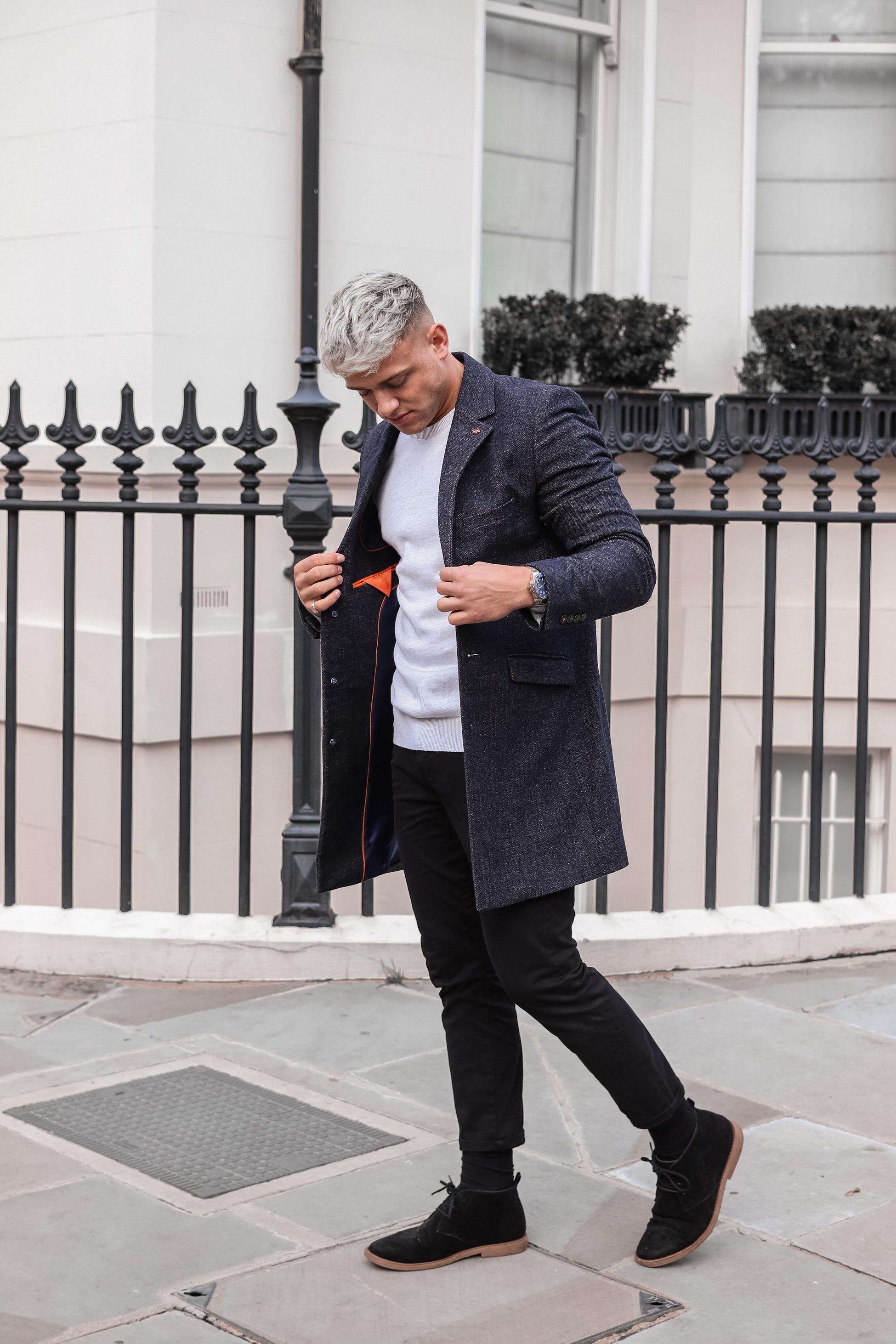 Men's azure blue wool midi coat, ROMAN.