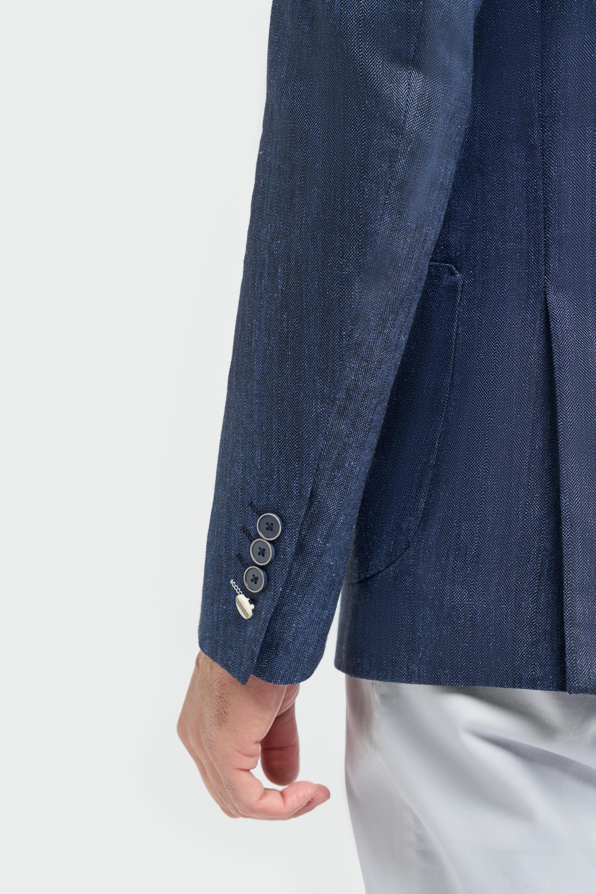 Mens Linen Herringbone Blazer with Patch Pockets - Luigi - Navy Blue