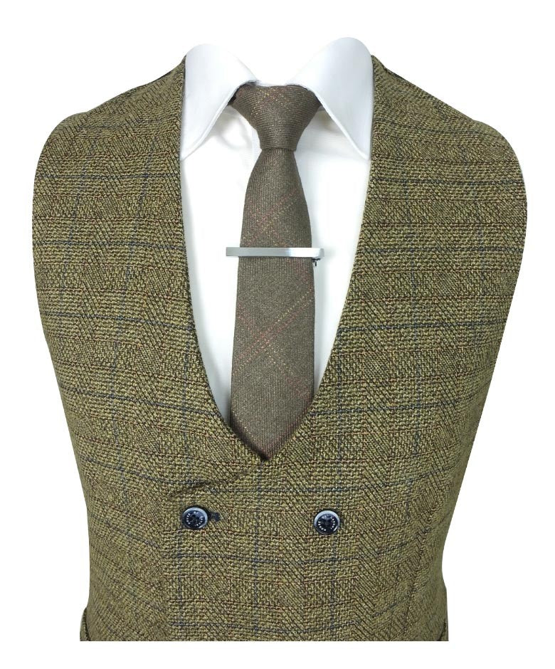 Mens Brown Tweed Check Double Breasted Waistcoat ASCARI