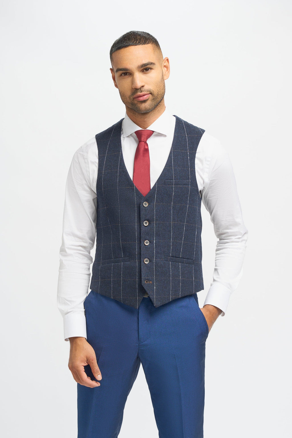 Royal Blue Men's 3-Piece Slim Fit Suit with Navy Blue Windowpane Check Tweed Waistcoat