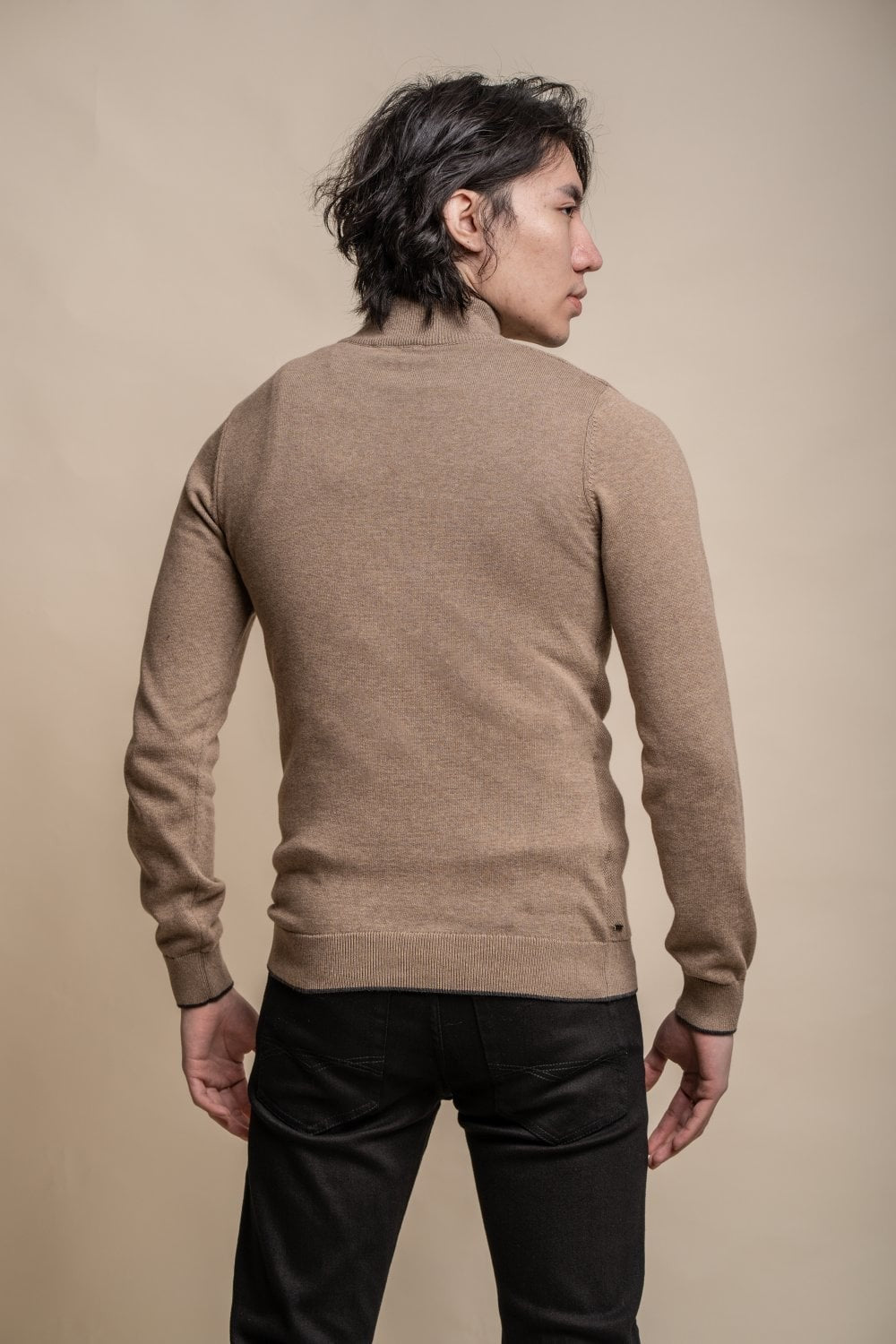 Mens Fawn Brown Half Zip Knit Cotton Pullover KYLE