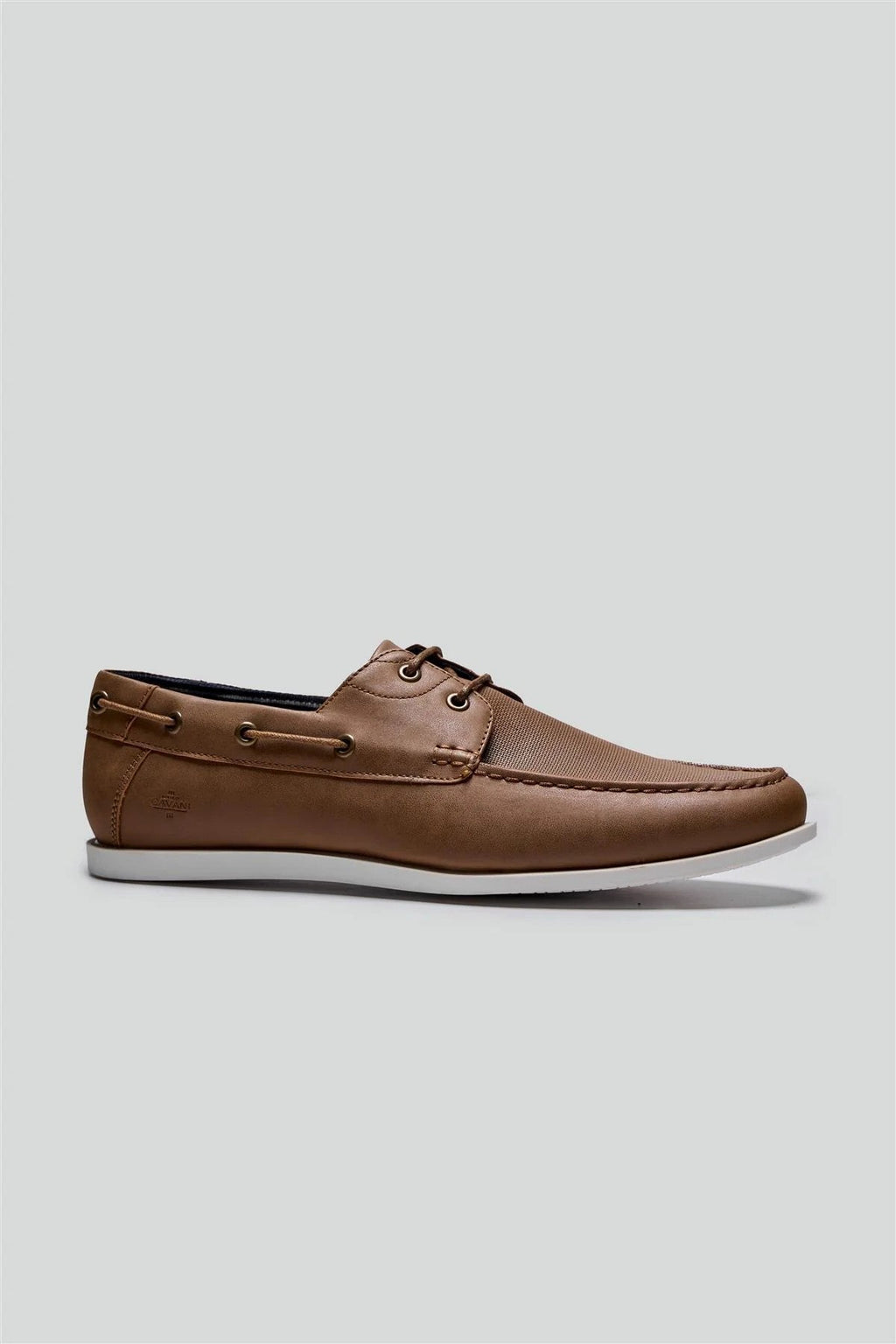 Men's tan leather boat shoes with white sole, ANDROS.