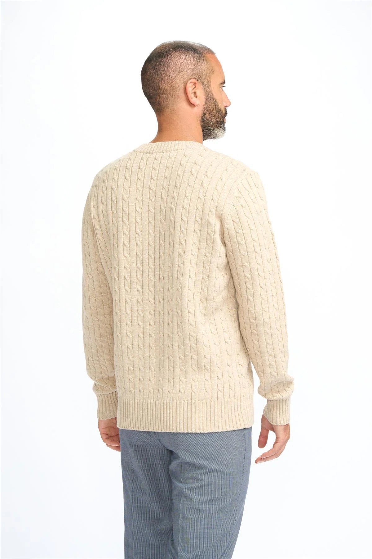 Mens Beige Fawn Wool Cable Knit Pullover Jumper FOSTON