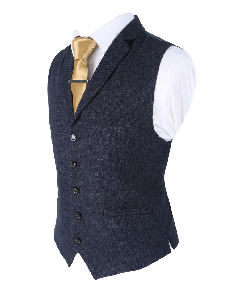 Mens Navy Herringbone Tweed Slim Fit Waistcoat MARTEZ
