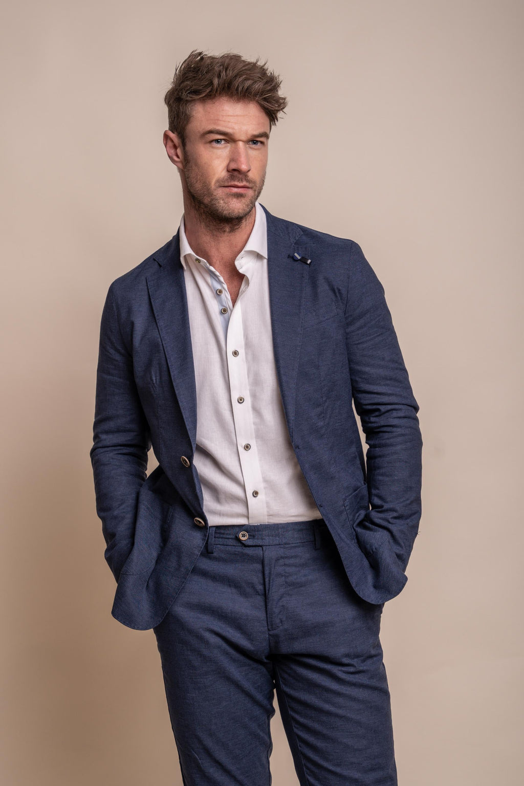 Image of men’s slim fit linen suit in sage green, lightweight two-piece