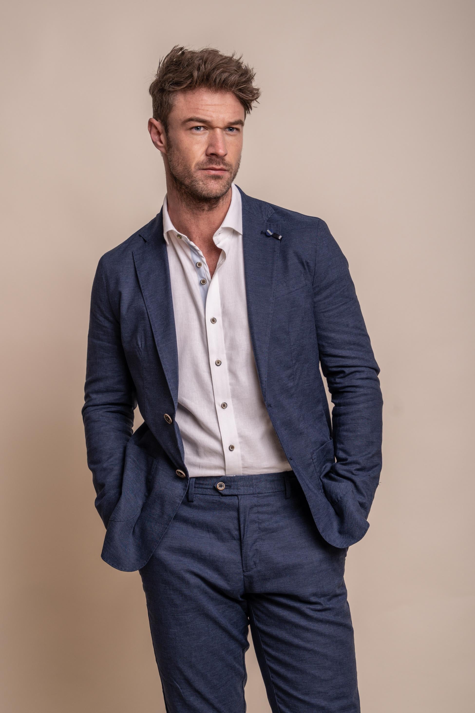 Image of men’s slim fit linen suit in sage green, lightweight two-piece