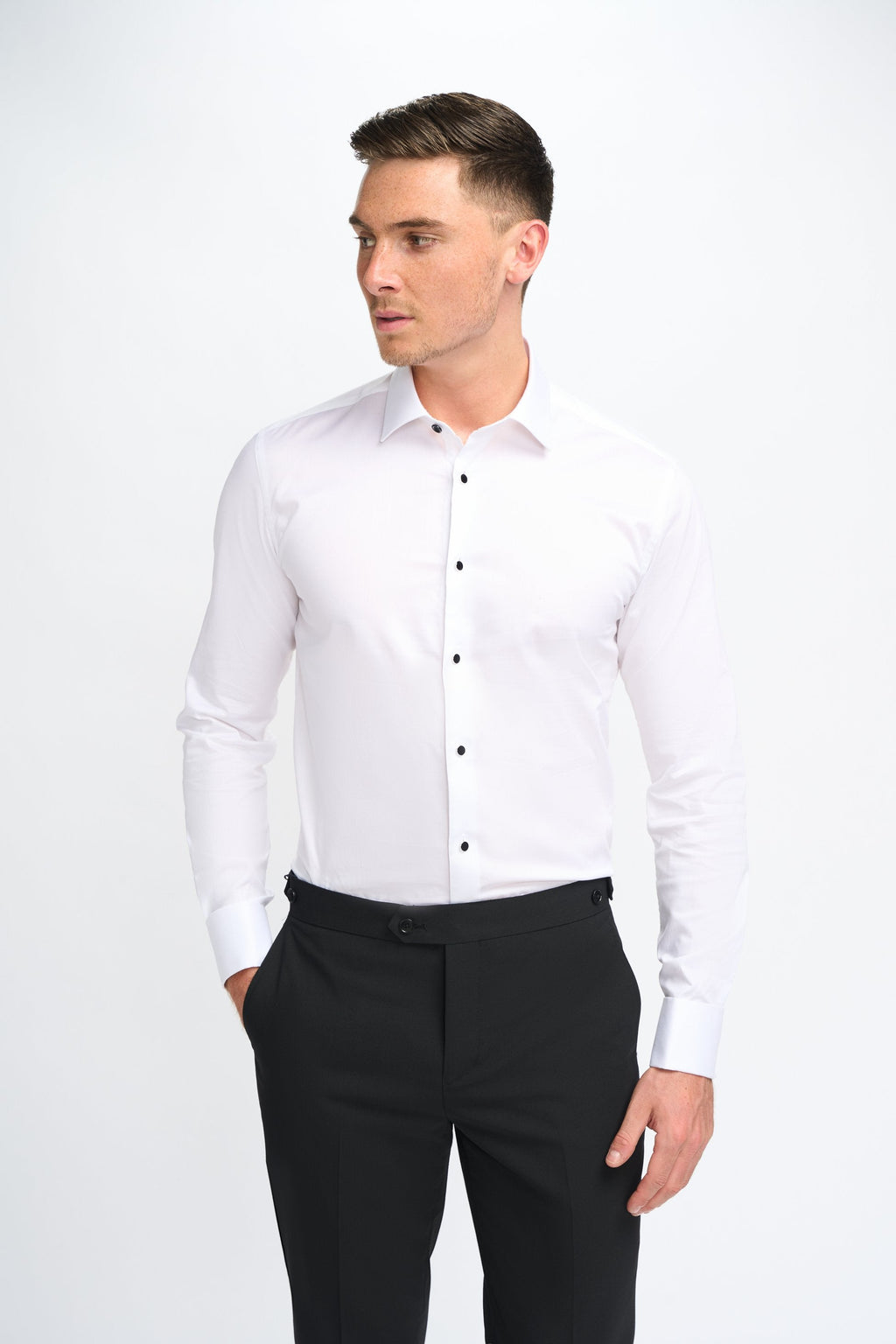 Men’s white cufflink dress shirt button-up cotton