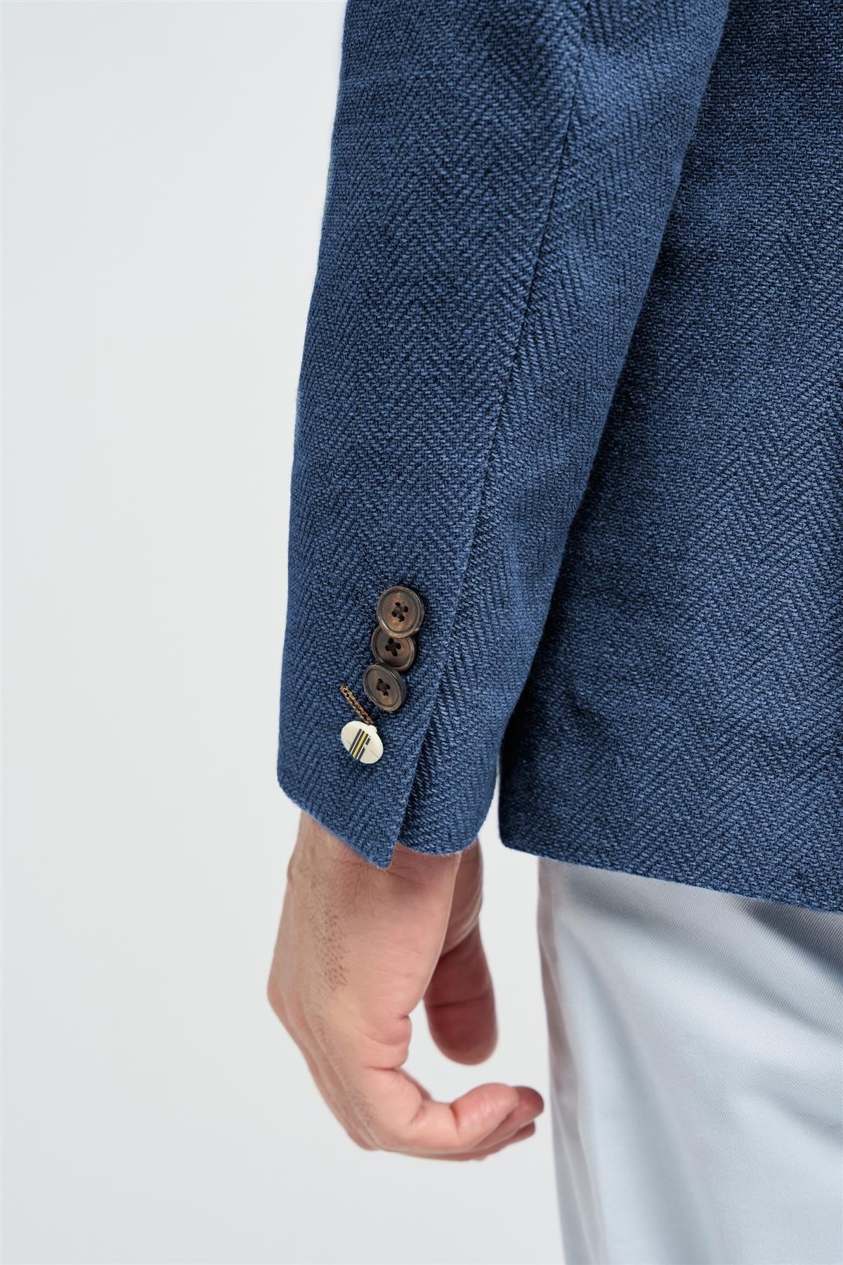 Mens Blue Cotton Herringbone Blazer FELIX