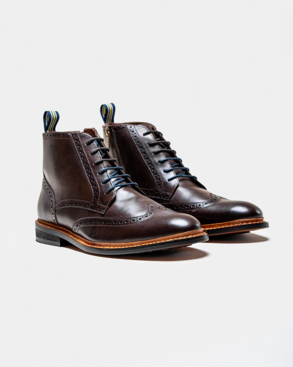 Men's brown genuine leather brogue lace-up ankle boots, ASHMOOR.
