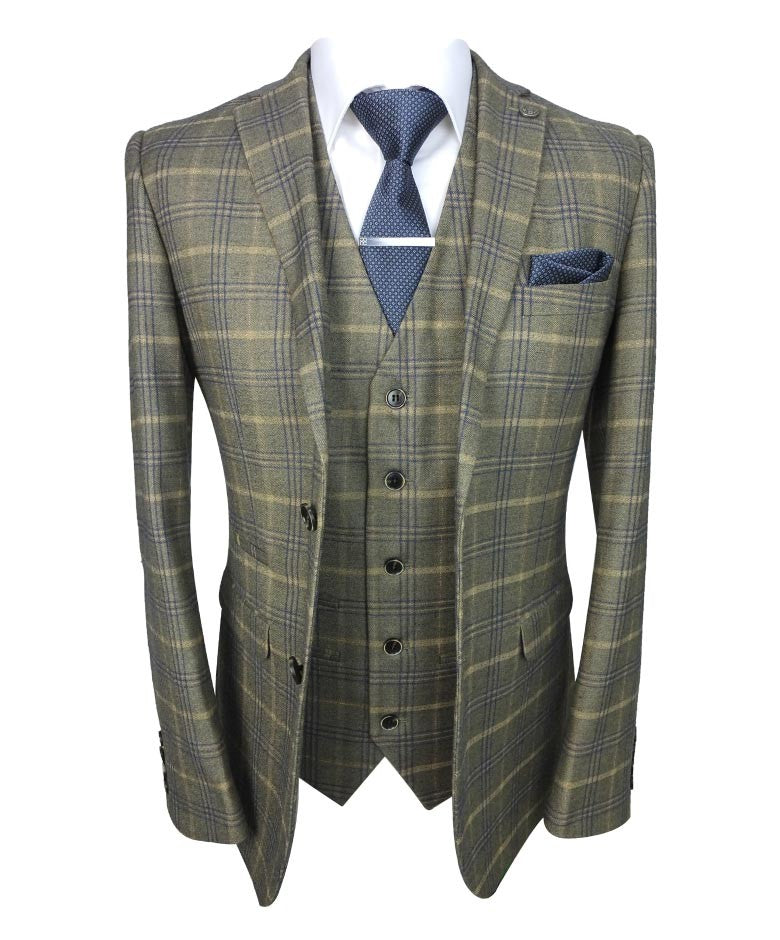 Men's tailored fit retro check suit in tan brown