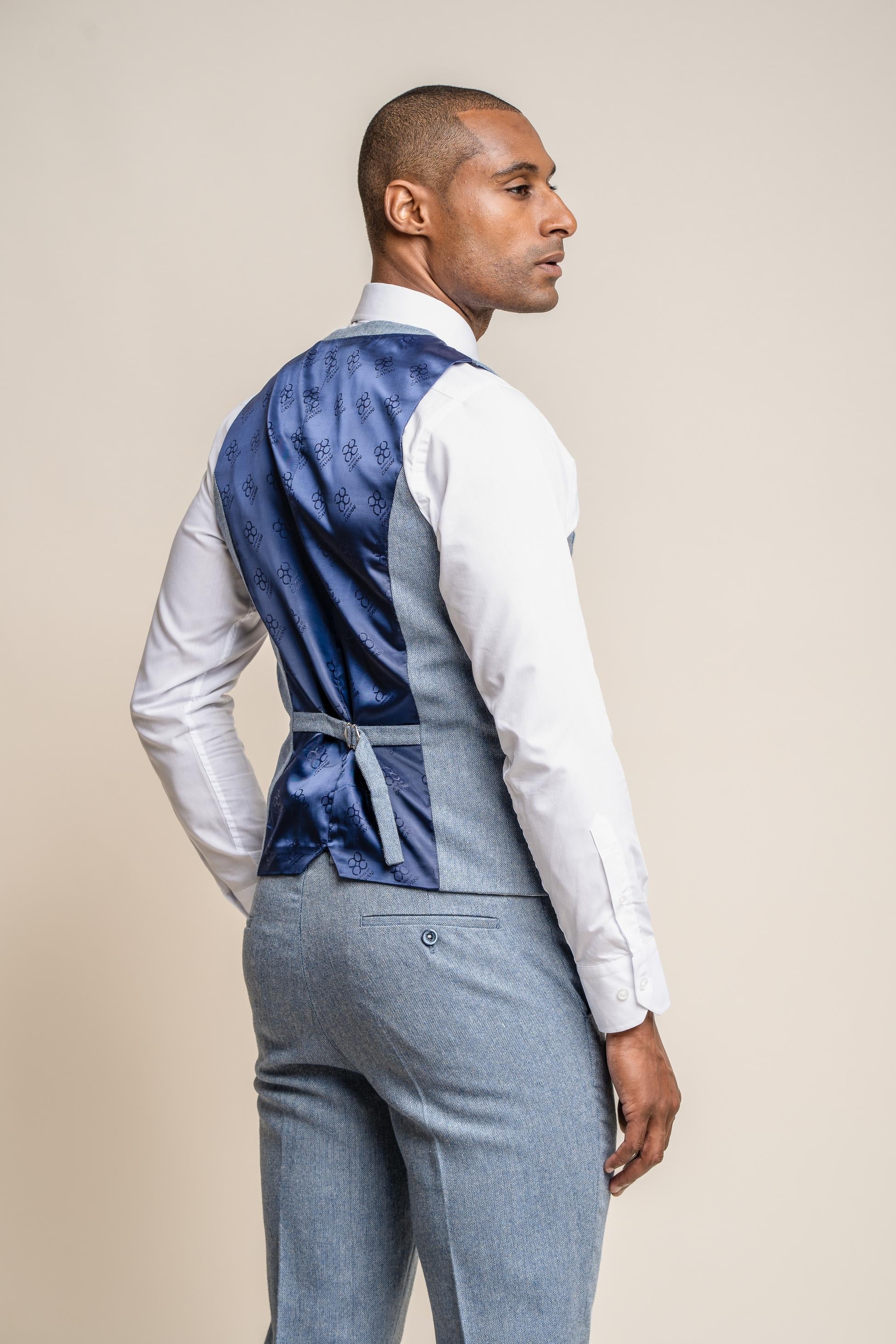 Mens Light Blue Tweed Slim Fit Waistcoat WELLS