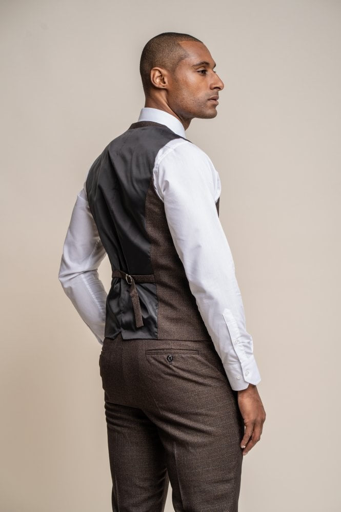 Mens Brown Tweed Glen Check Slim Fit Formal Waistcoat CARIDI