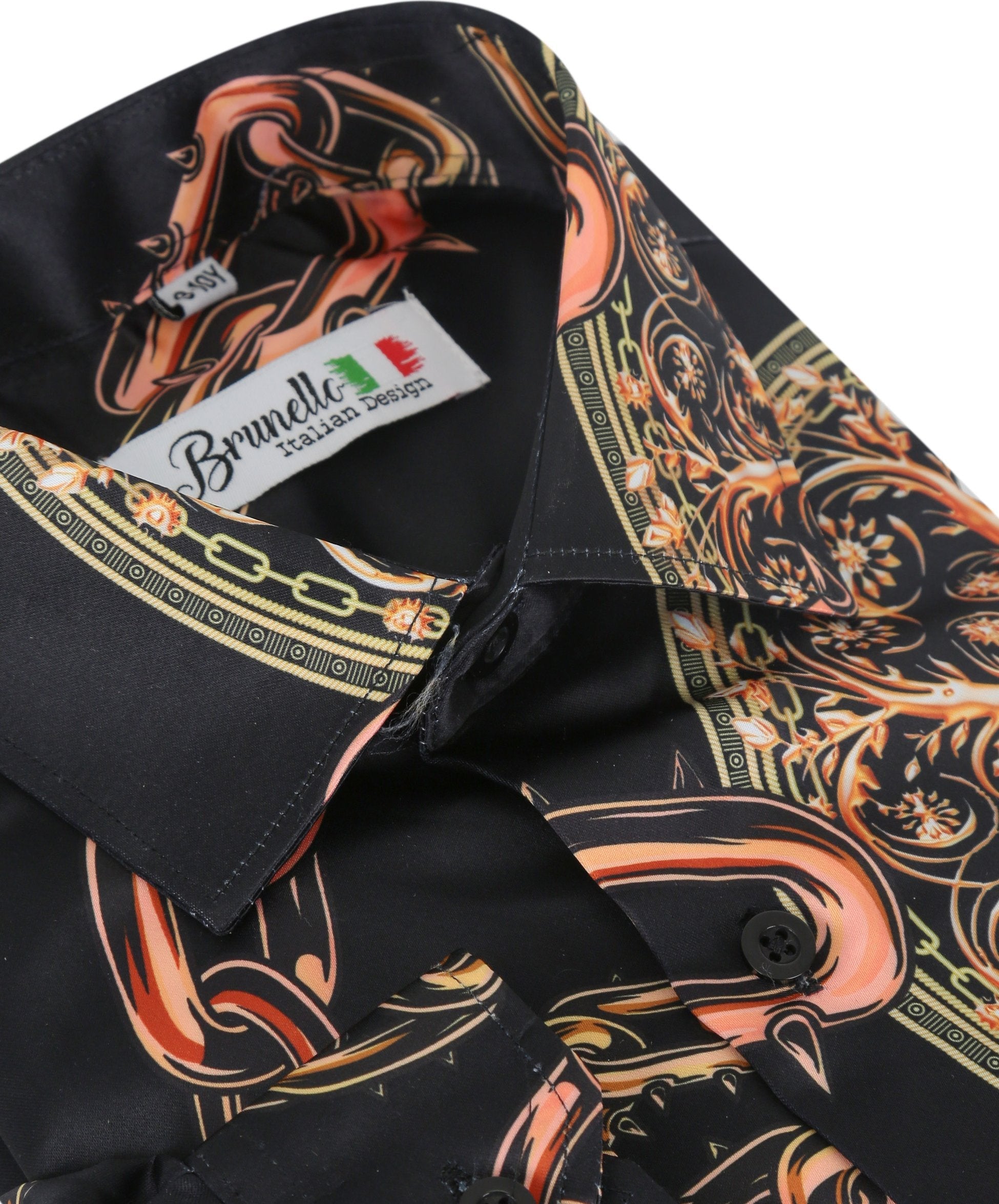 Mens Black And Orange Satin Printed Long Sleeve Shirt