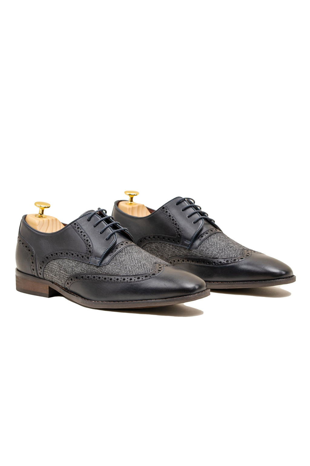 Men's navy blue genuine leather and tweed brogue shoes, FARO.