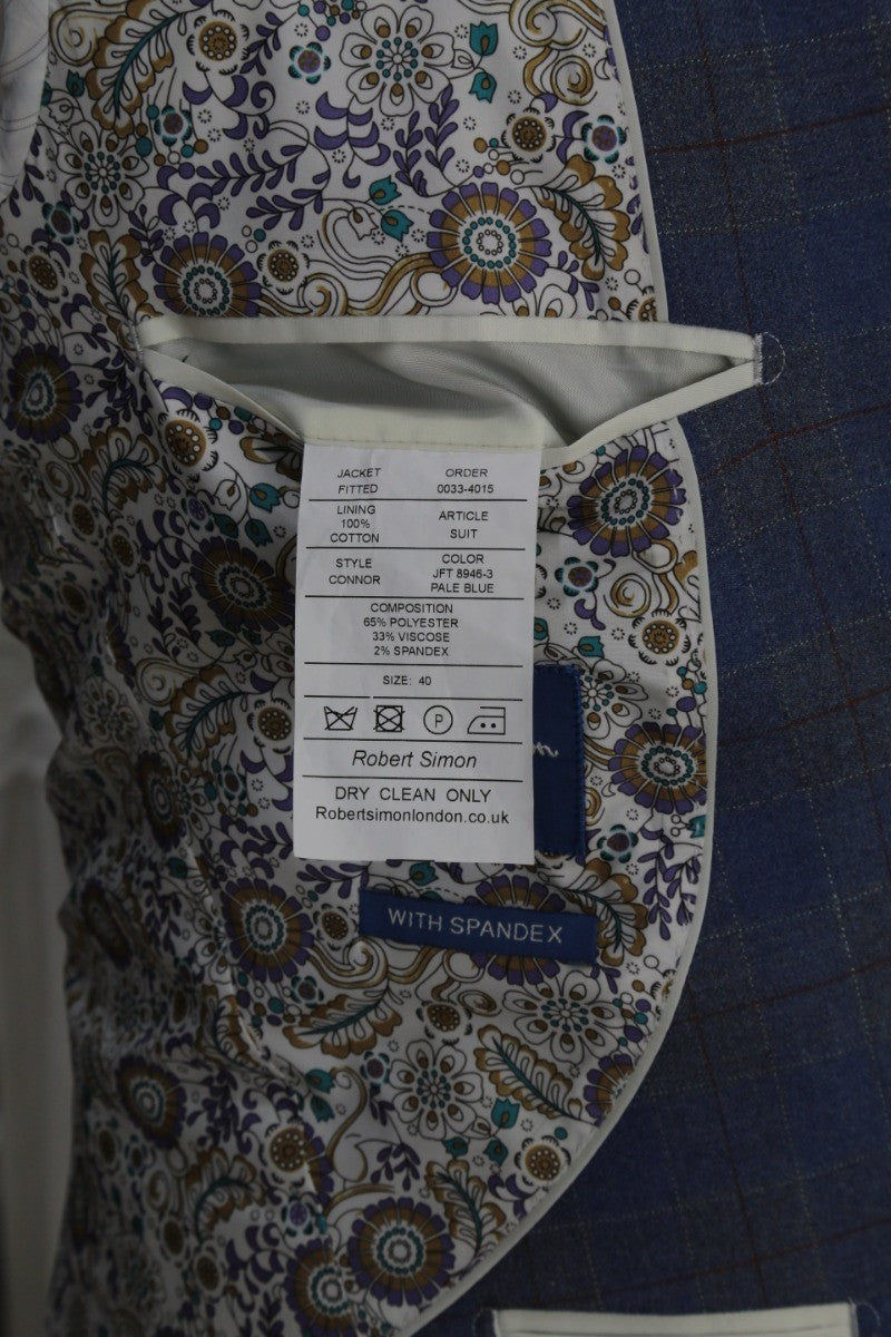 Men's Connor Sky Blue Windowpane Check Slim Fit Suit