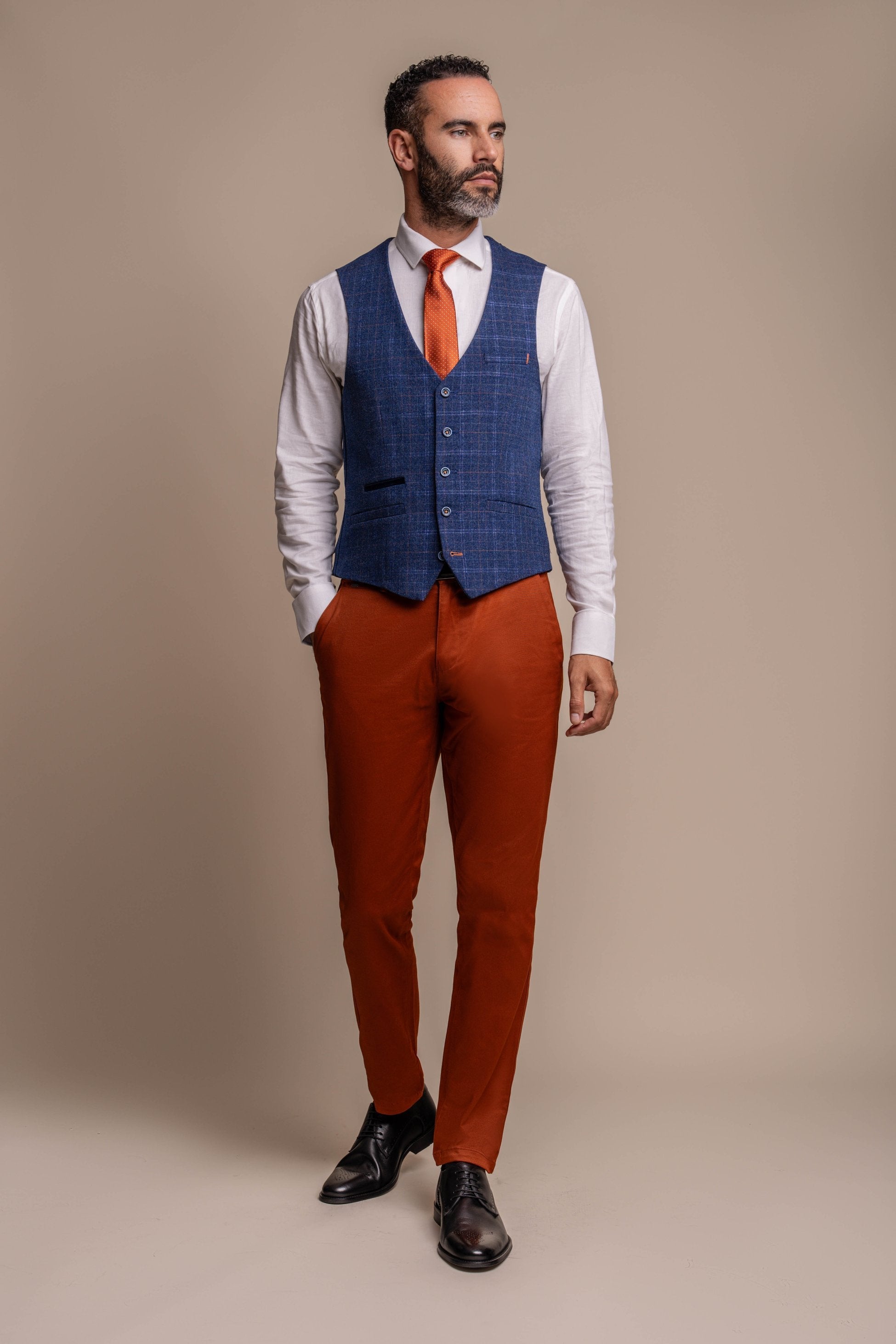 Men's Navy Blue Tweed Check Blazer with Rust Brown Chino Combination