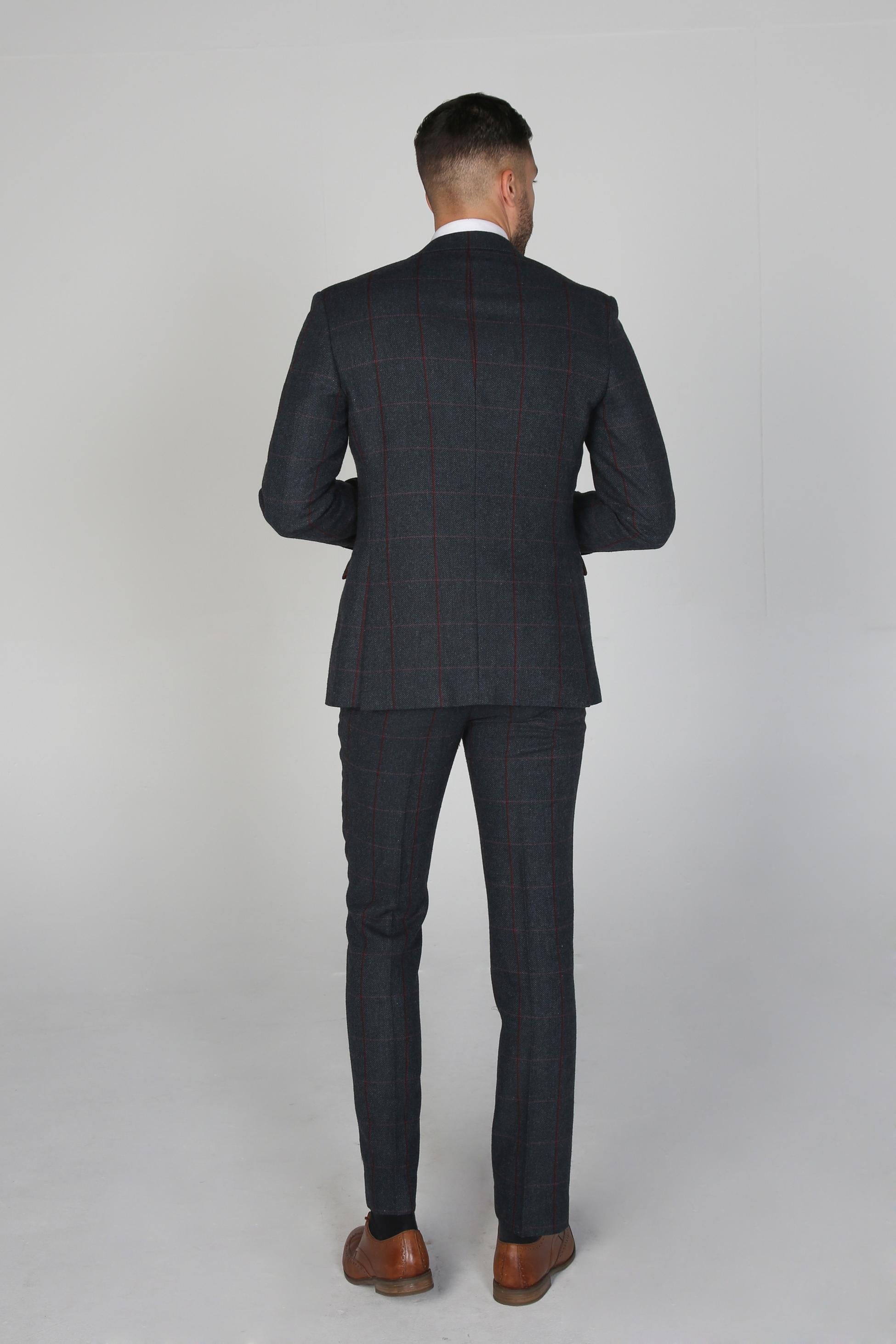 Mens Navy Blue Tweed Windowpane Check Tailored Fit Suit MADRID