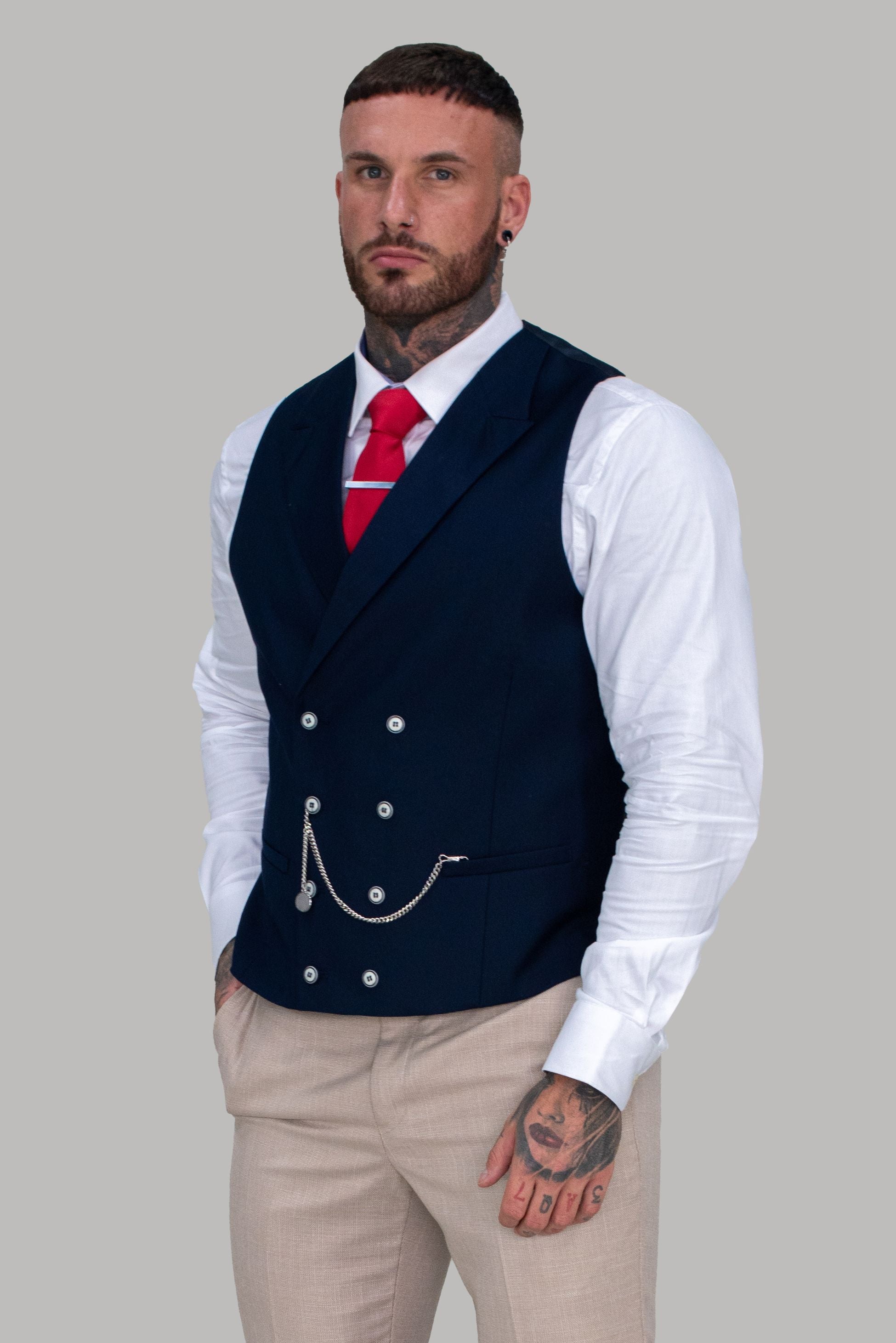 Mens navy slim fit double breasted waistcoat Lennox