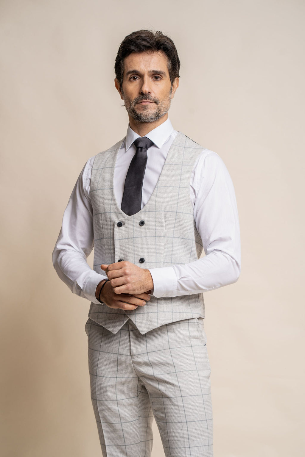 Mens Light Grey Double Breasted Retro Check Waistcoat RADIKA