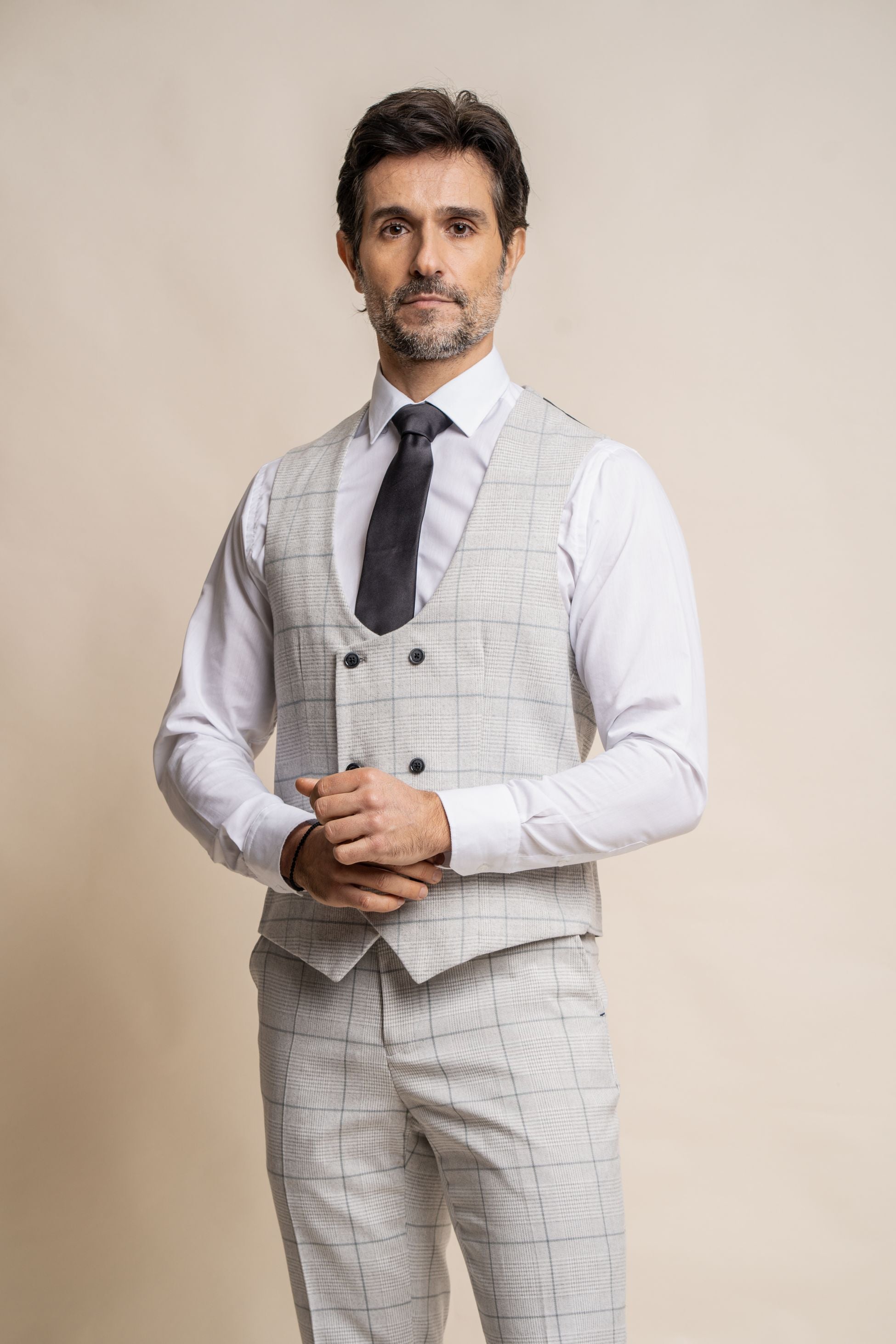 Mens Light Grey Double Breasted Retro Check Waistcoat RADIKA