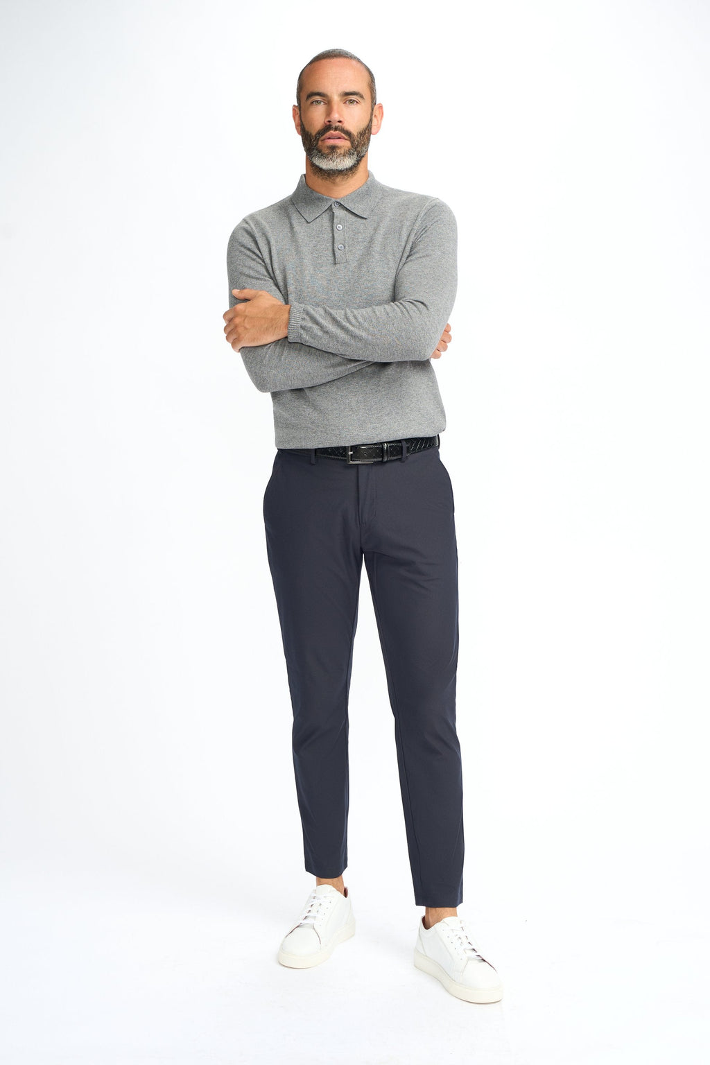 Mens Grey Wool Knit Long Sleeve Polo Shirt BOOM