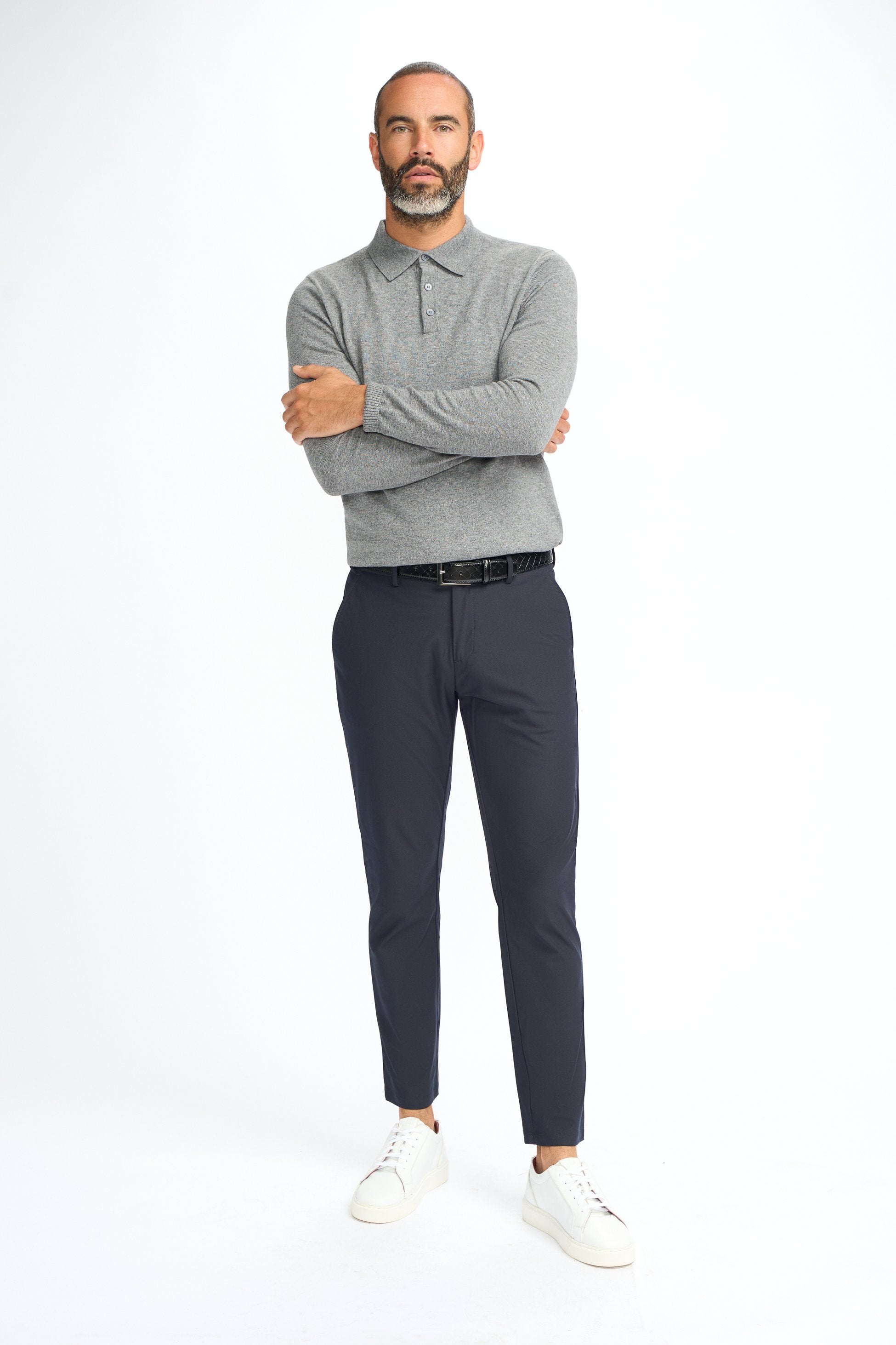 Mens Grey Wool Knit Long Sleeve Polo Shirt BOOM