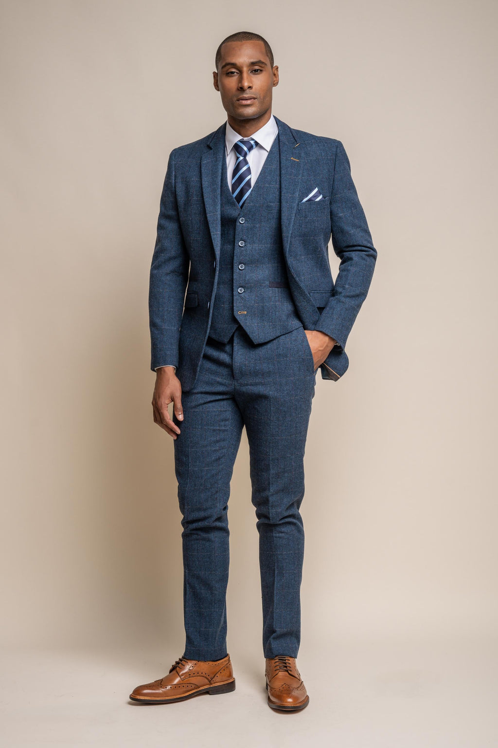 Mens Navy Blue Slim Fit Herringbone Tweed Suit CARNEGI