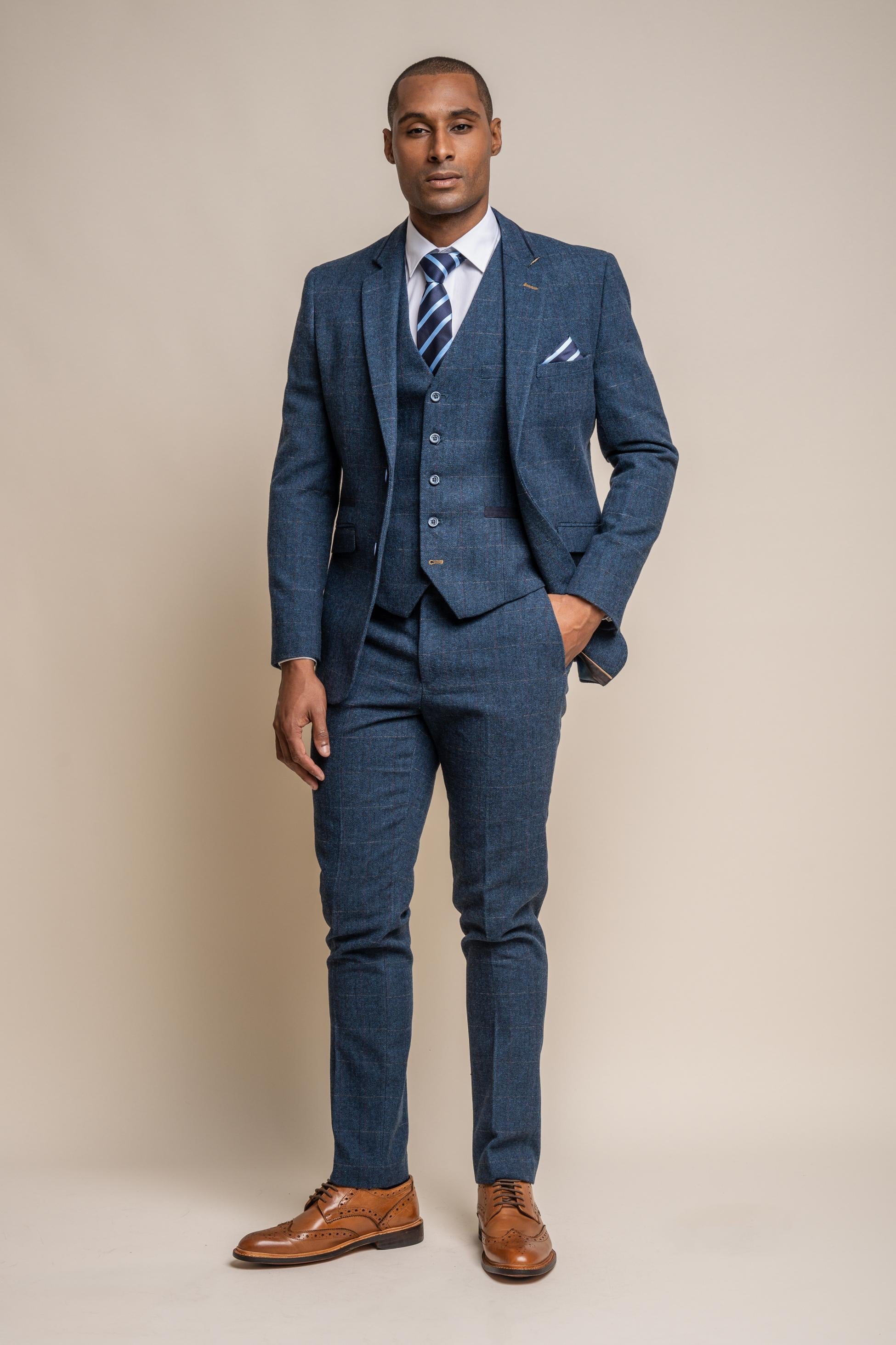 Mens Navy Blue Slim Fit Herringbone Tweed Suit CARNEGI