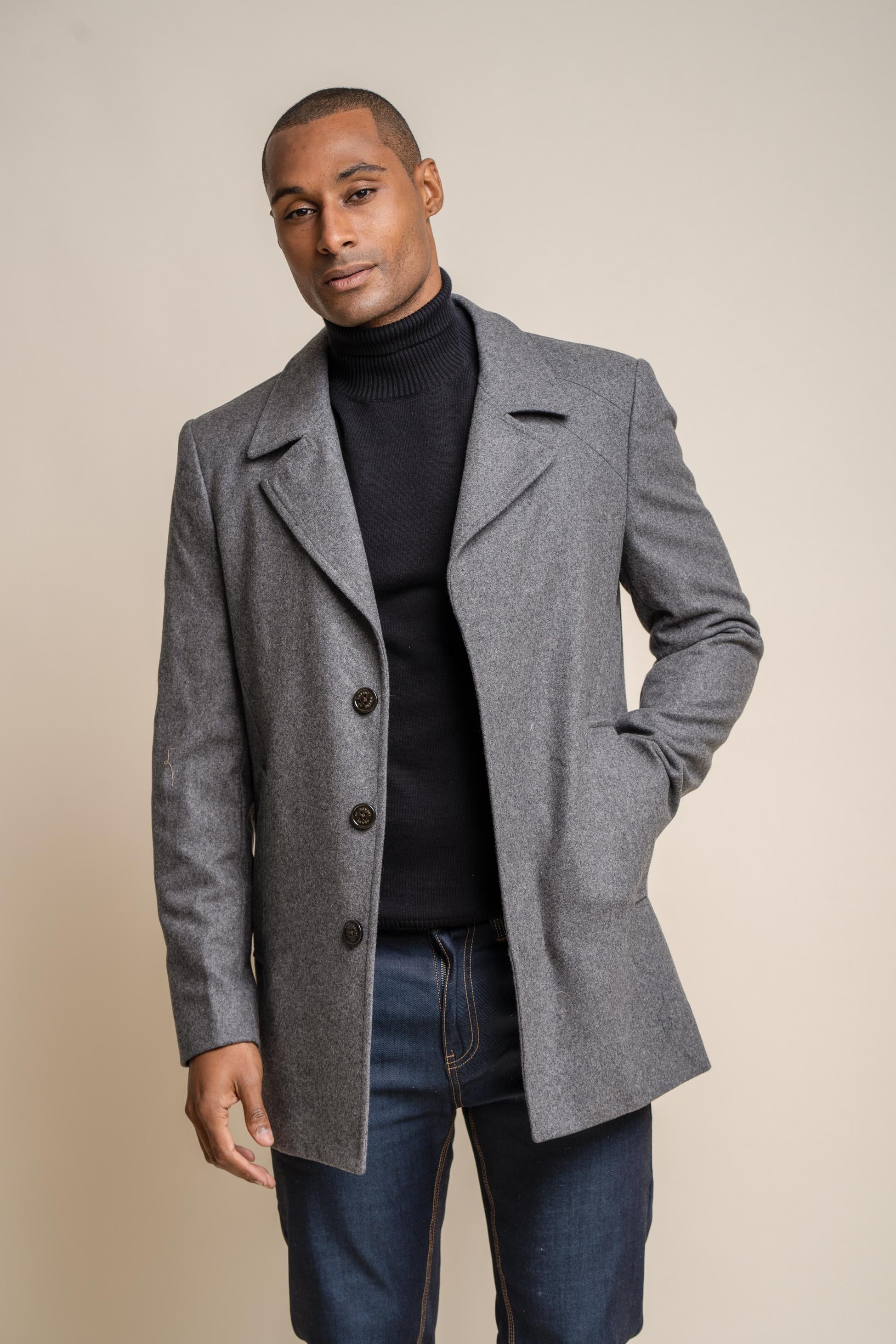 Men’s wool-blend mid-length coat in stale grey, NELSON.