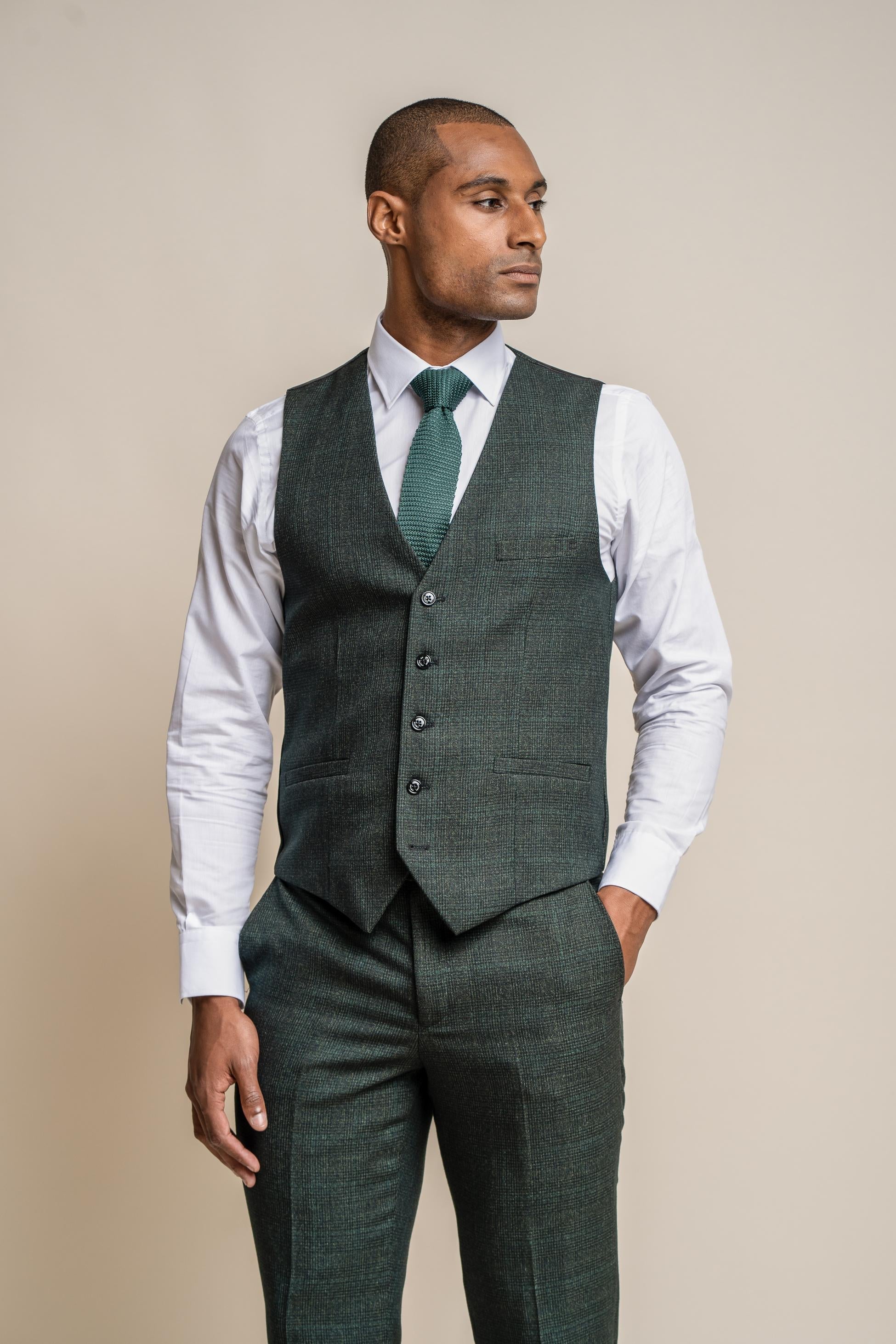 Mens olive tweed glen check slim fit formal waistcoat Caridi