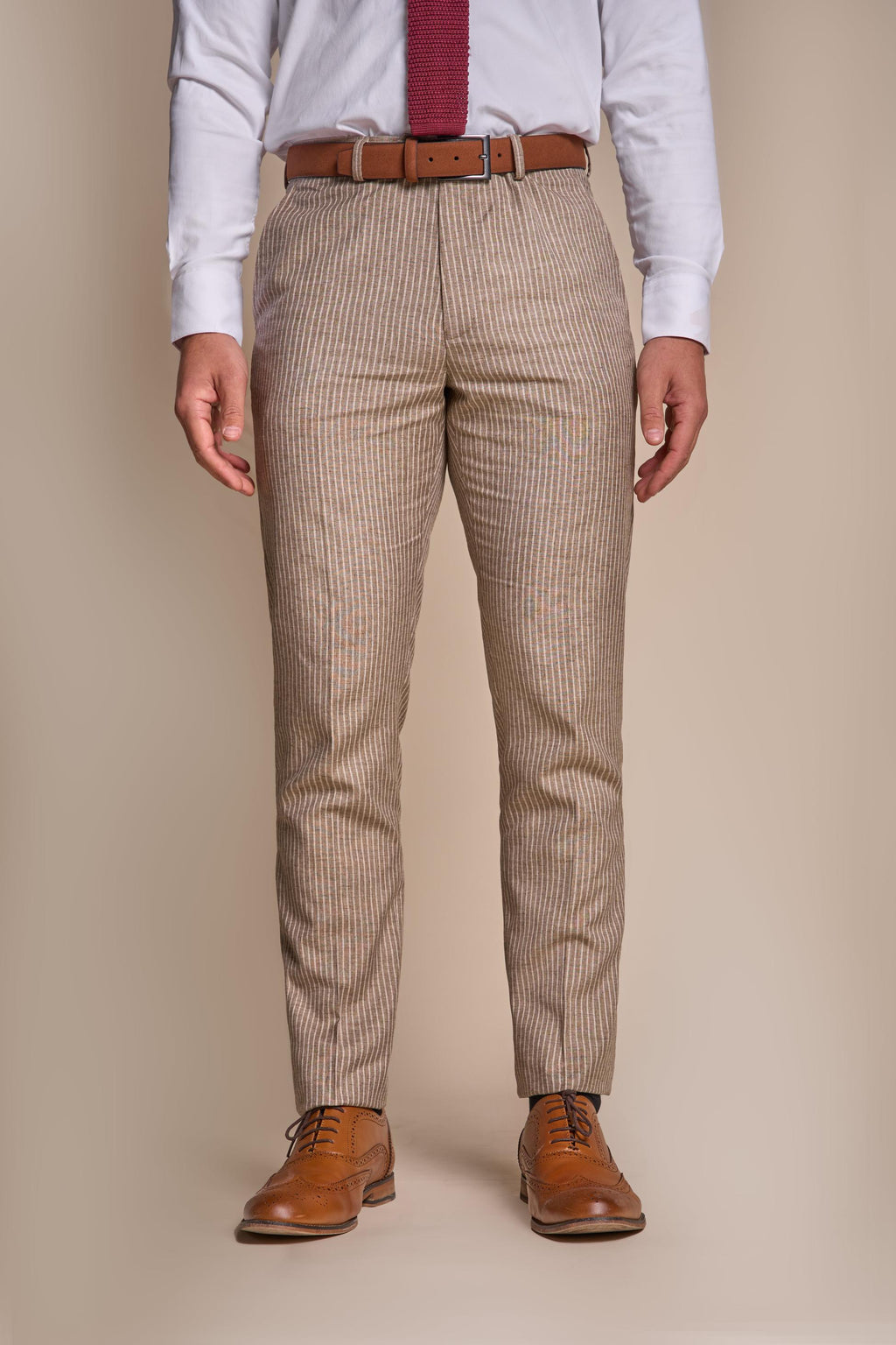 Men’s Slim Fit Pinstripe Beige Trousers – KRAKEN Sand - Sand Beige