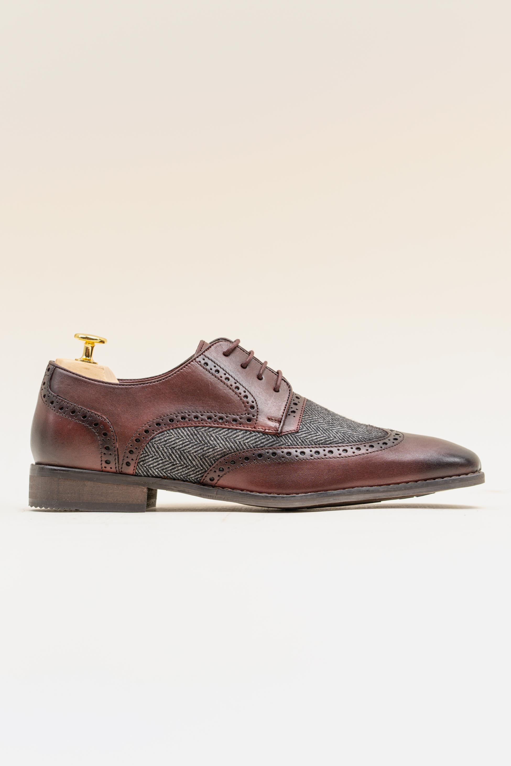 Mens Burgundy Genuine Leather and Tweed Brogue Shoes FARO