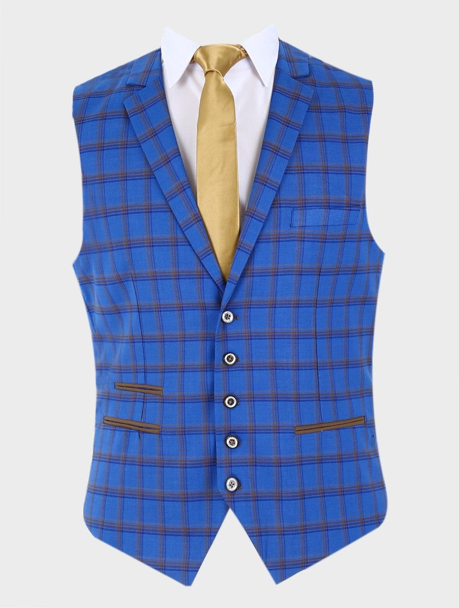 Mens royal blue slim fit retro check blazer and waistcoat Gravano