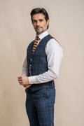 Mens navy tweed windowpane check waistcoat Cody