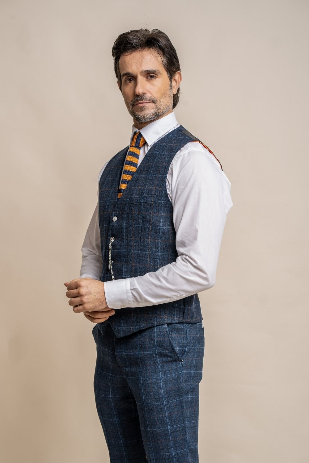 Mens navy tweed windowpane check waistcoat Cody