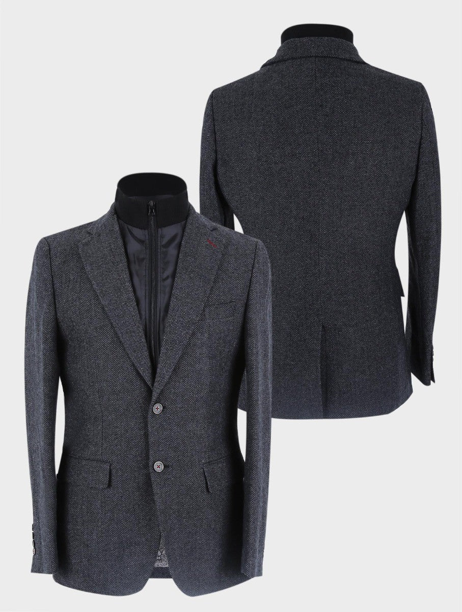 Men’s Black Wool Herringbone Tweed Coat with Removable Zipper ALEXANDER