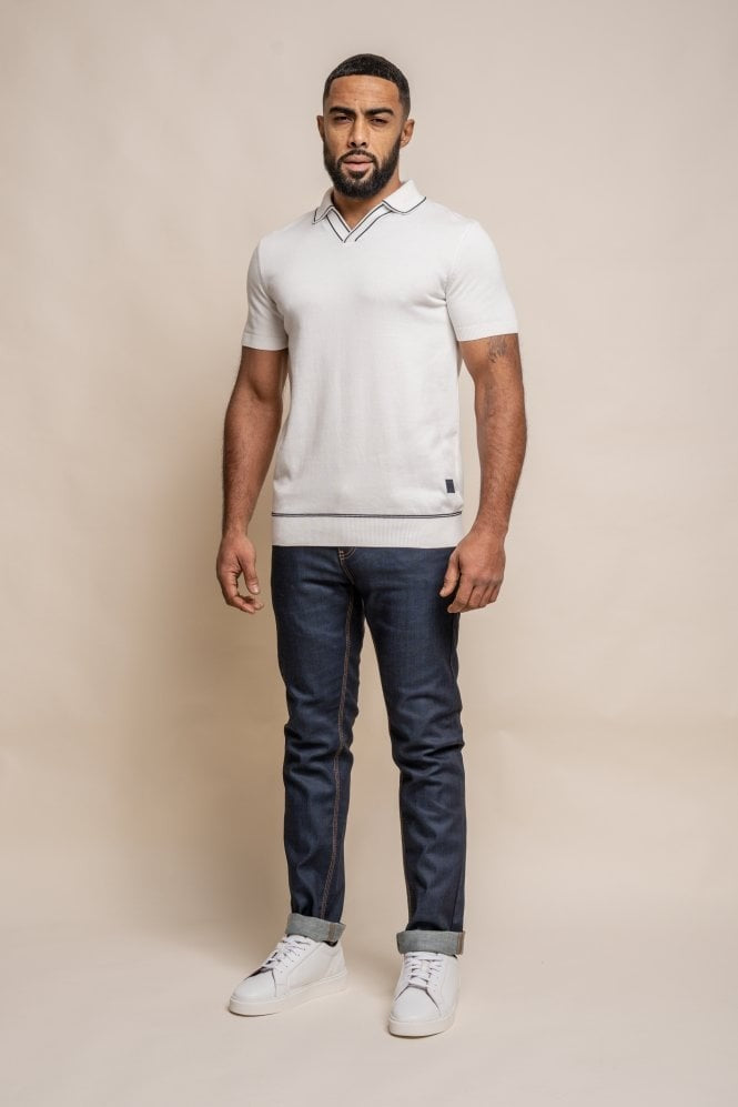 Mens Ecru Cotton Knitted Short Sleeve Polo T Shirt SEPPI