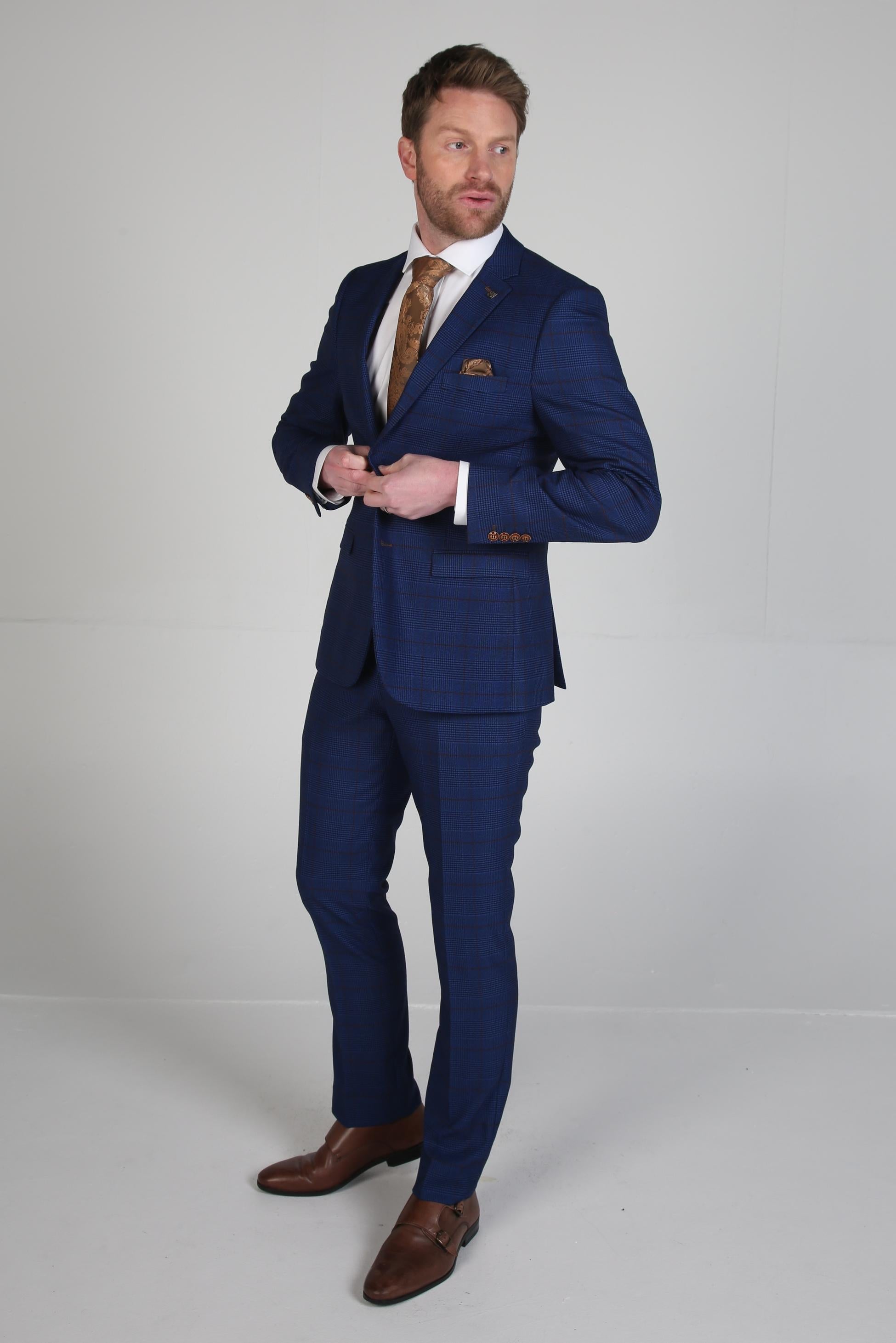 Mens Royal Blue Tweed Windowpane Formal Suit ALEX