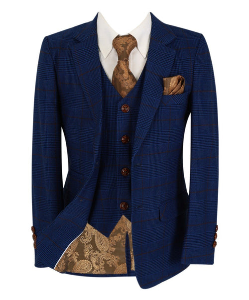 Boys’ 3-Piece Plaid Check Suit, Royal Blue, Tailored Fit | Suitoria