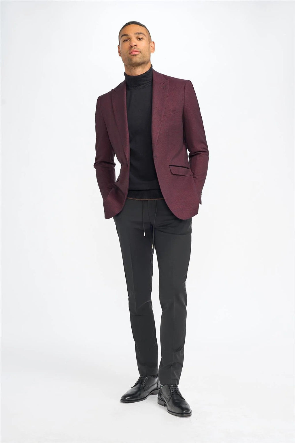 Men's Tweed Glen Check Slim Fit Suit Jacket - CARIDI - Wine