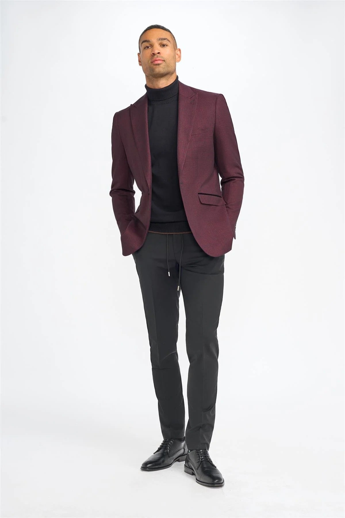 Men's Tweed Glen Check Slim Fit Suit Jacket - CARIDI - Wine