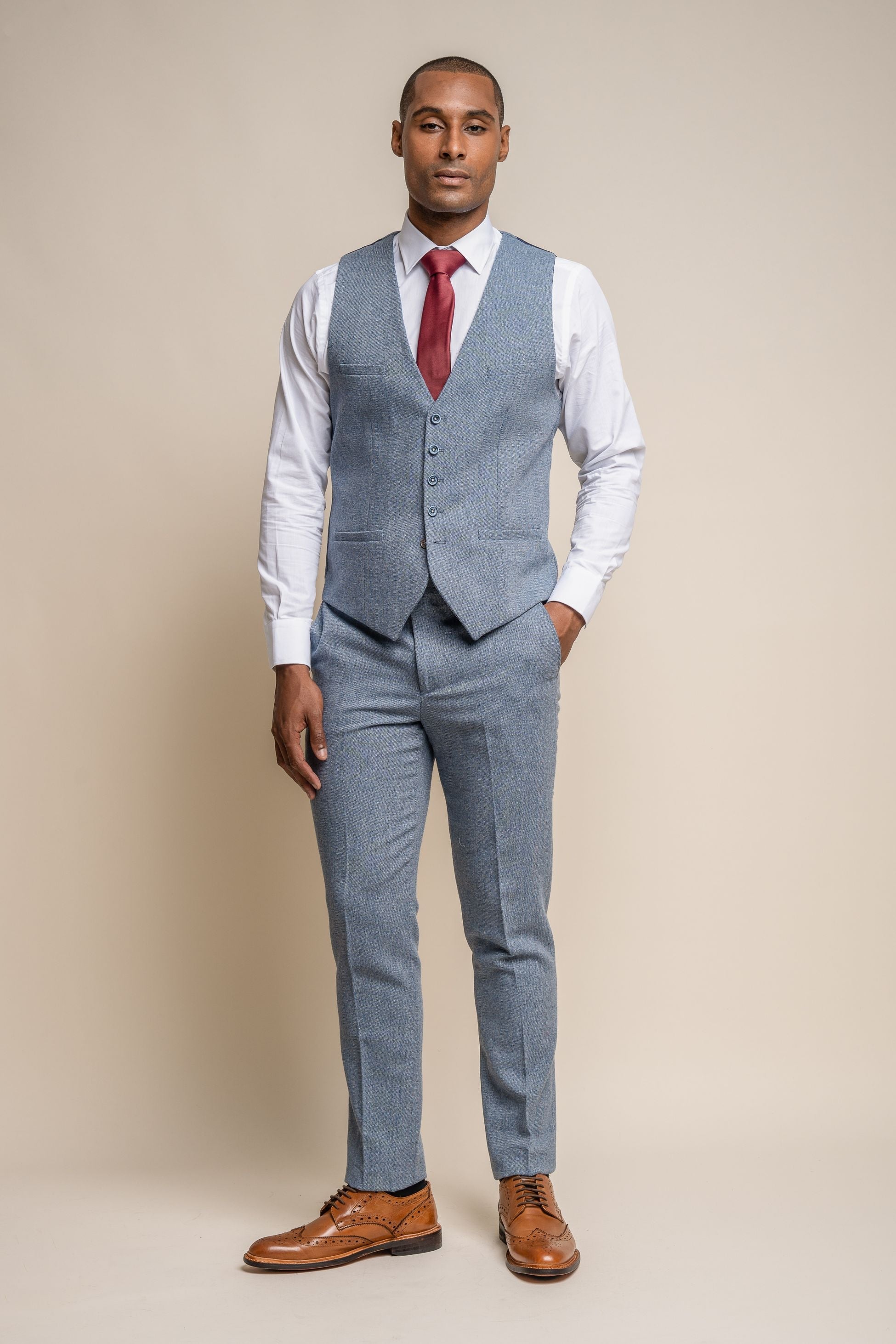 Mens Light Blue Tweed Slim Fit Waistcoat WELLS
