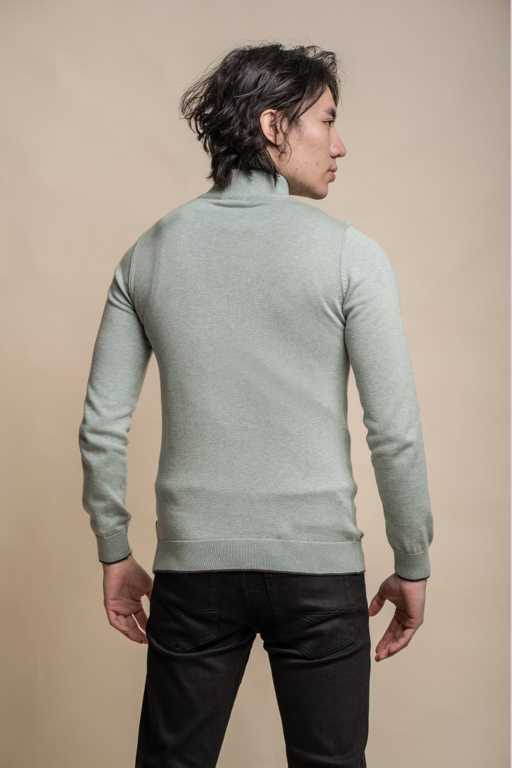 Mens Almond Green Half Zip Knit Cotton Pullover KYLE