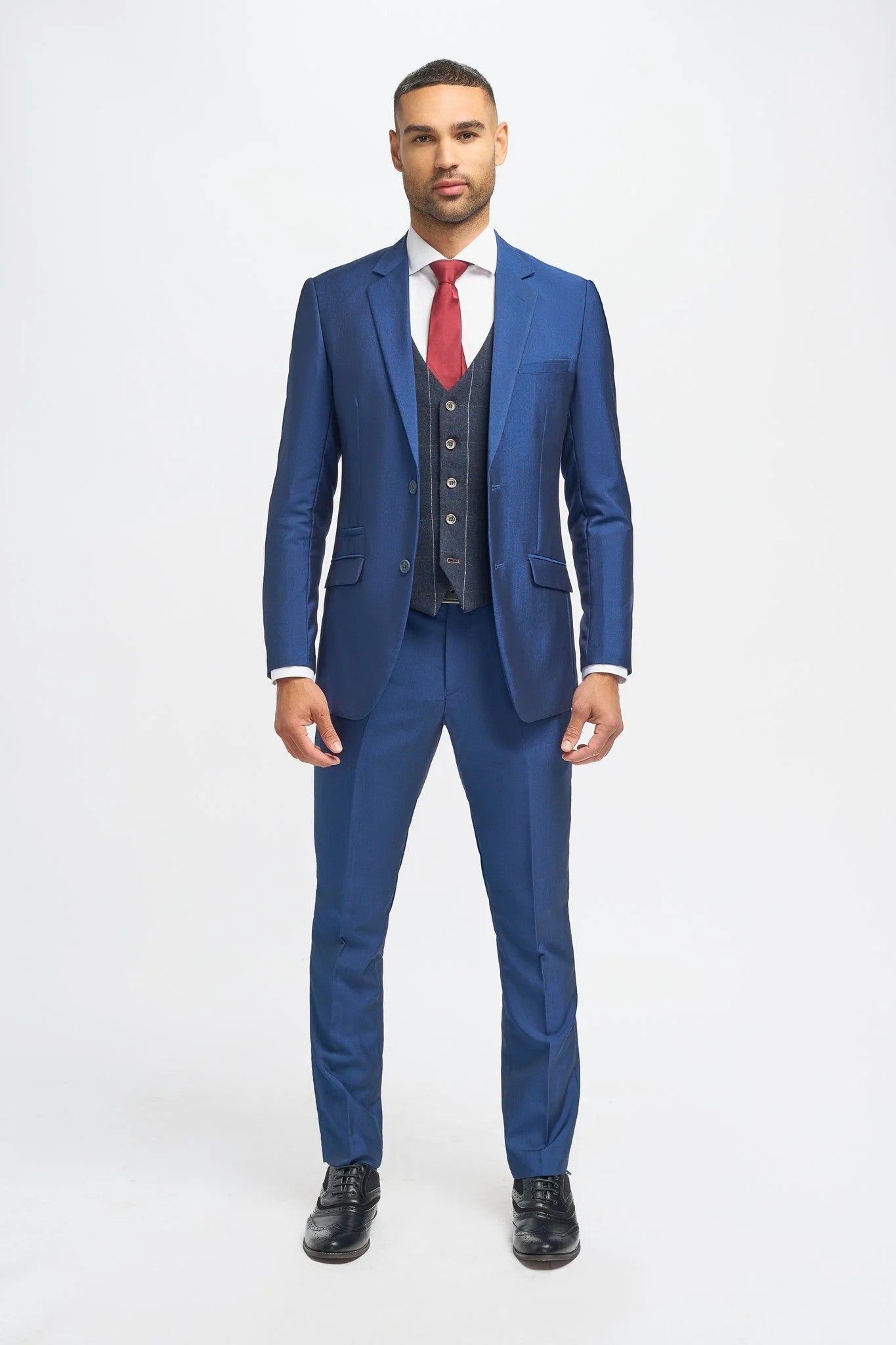 Royal Blue Men's 3-Piece Slim Fit Suit with Navy Blue Windowpane Check Tweed Waistcoat