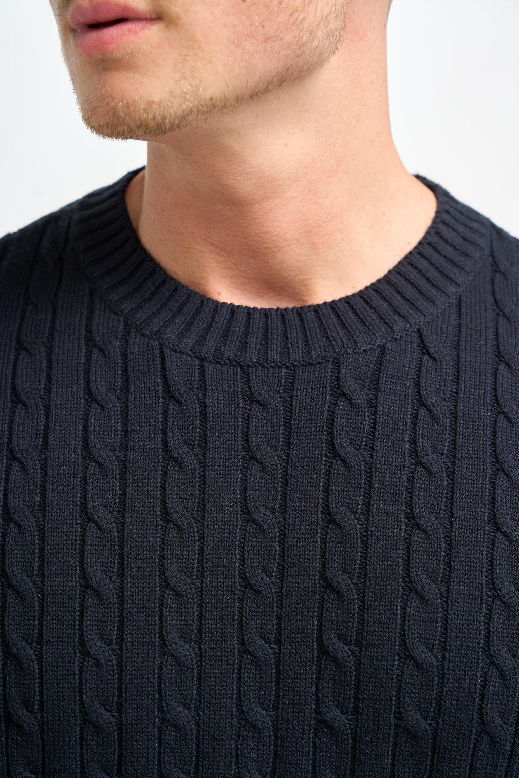 Mens Navy Wool Cable Knit Pullover Jumper FOSTON